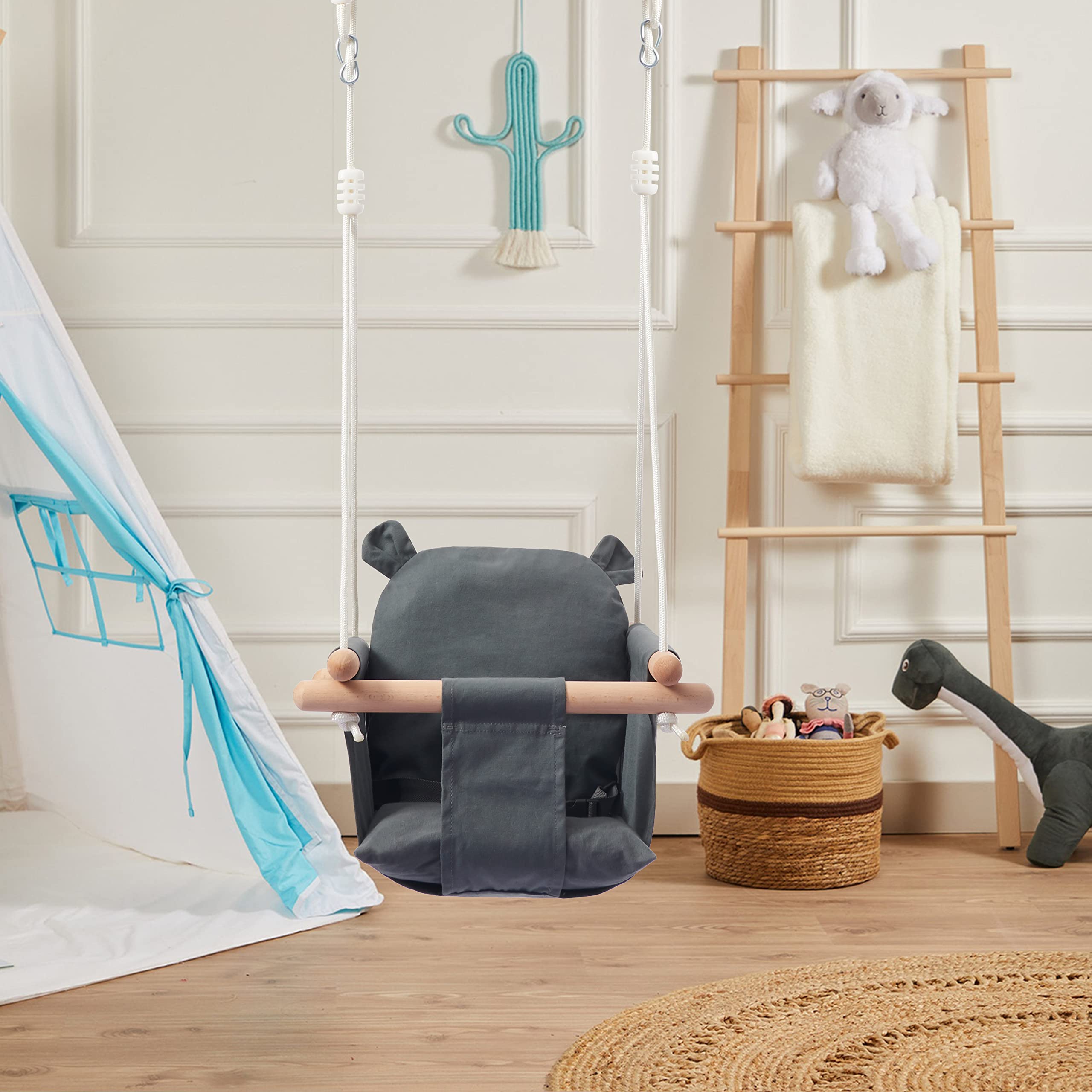 Secure Baby Swing Seat with Safety Belt - Baby Canvas and Wooden Swing Chair with Ear Décor Cushion - Hanging Indoor Swing for Infants & Baby Swing Outdoor - Tree Toddler Swing for Backyard Outside