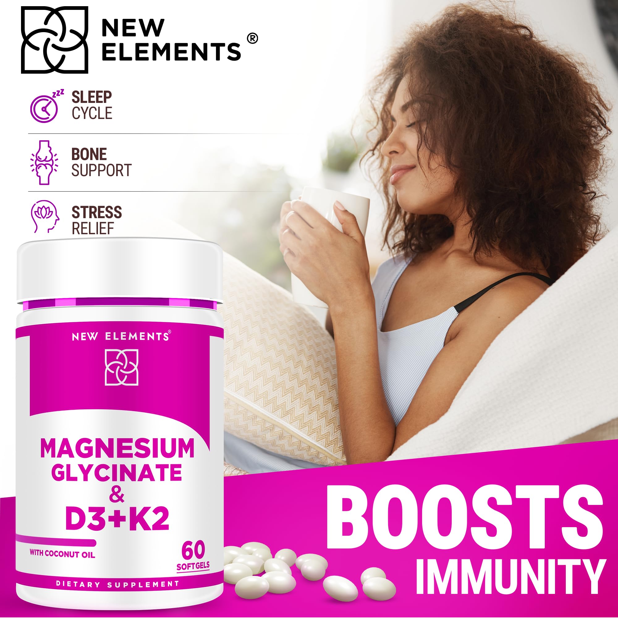 Magnesium Glycinate 500mg Softgels with Vitamin D3 and K2 | D3 10,000 IU | Vitamin K2 100mcg with Coconut Oil for Bone Health | Immunity Support | Non-GMO | Gluten-Free | Sugar Free