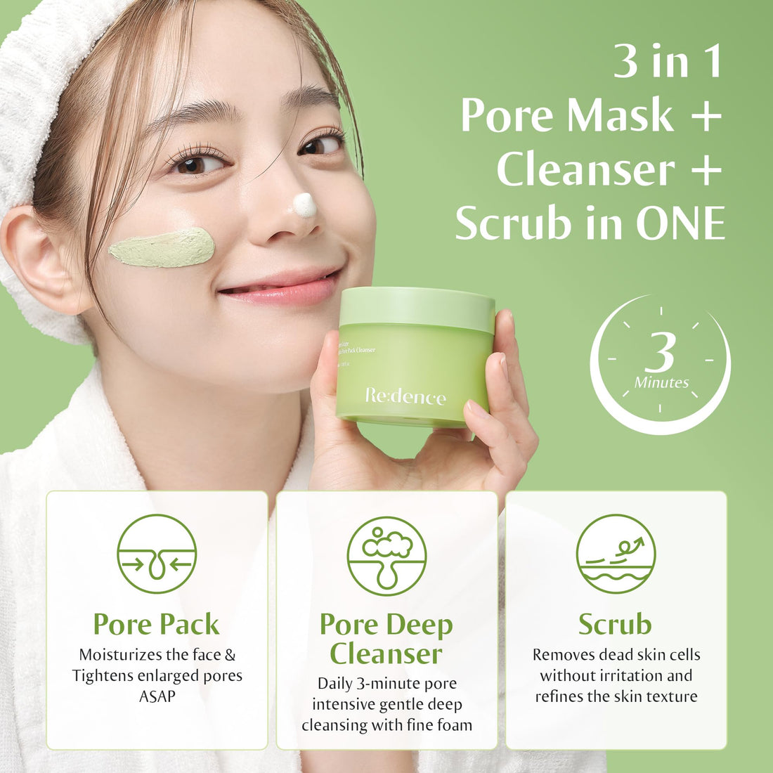 [Redence] Green Grape 3-in-1 Gelato Pore Mask Cleanser, Pore Exfoliating Scrub Mud Mask, No Tightness, Korean Skin Care, 100ml / 3.38 fl oz