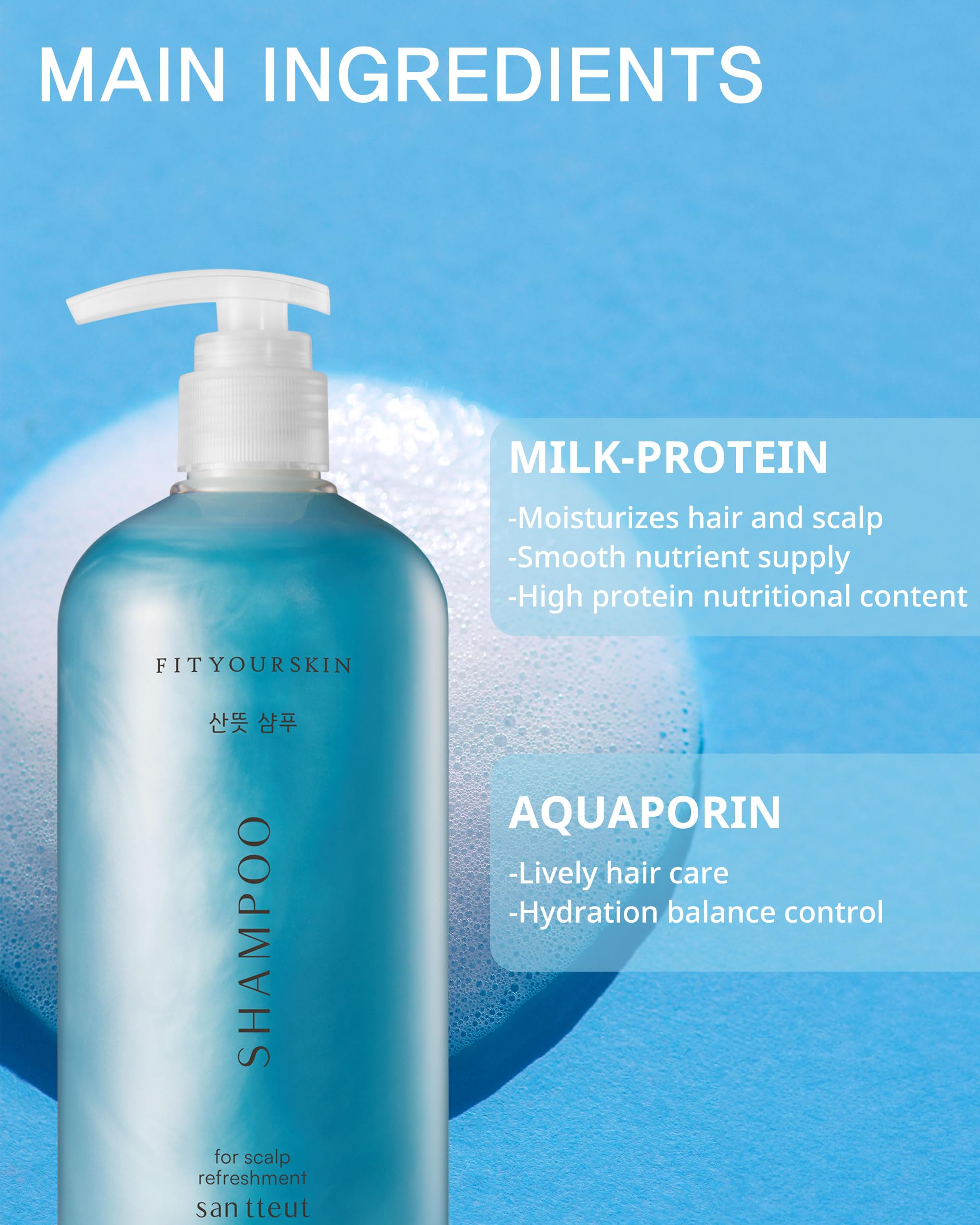 FIT YOUR SKIN SAN TTEUT Scalp Refreshment Hair Shampoo - pH 5.5 Keratin & Protein Perfumed Shampoo for Hair Loss Relief, Cooling, Exfoliating - Mint & White Musk Scent - Paraben Free - 17 fl.oz.