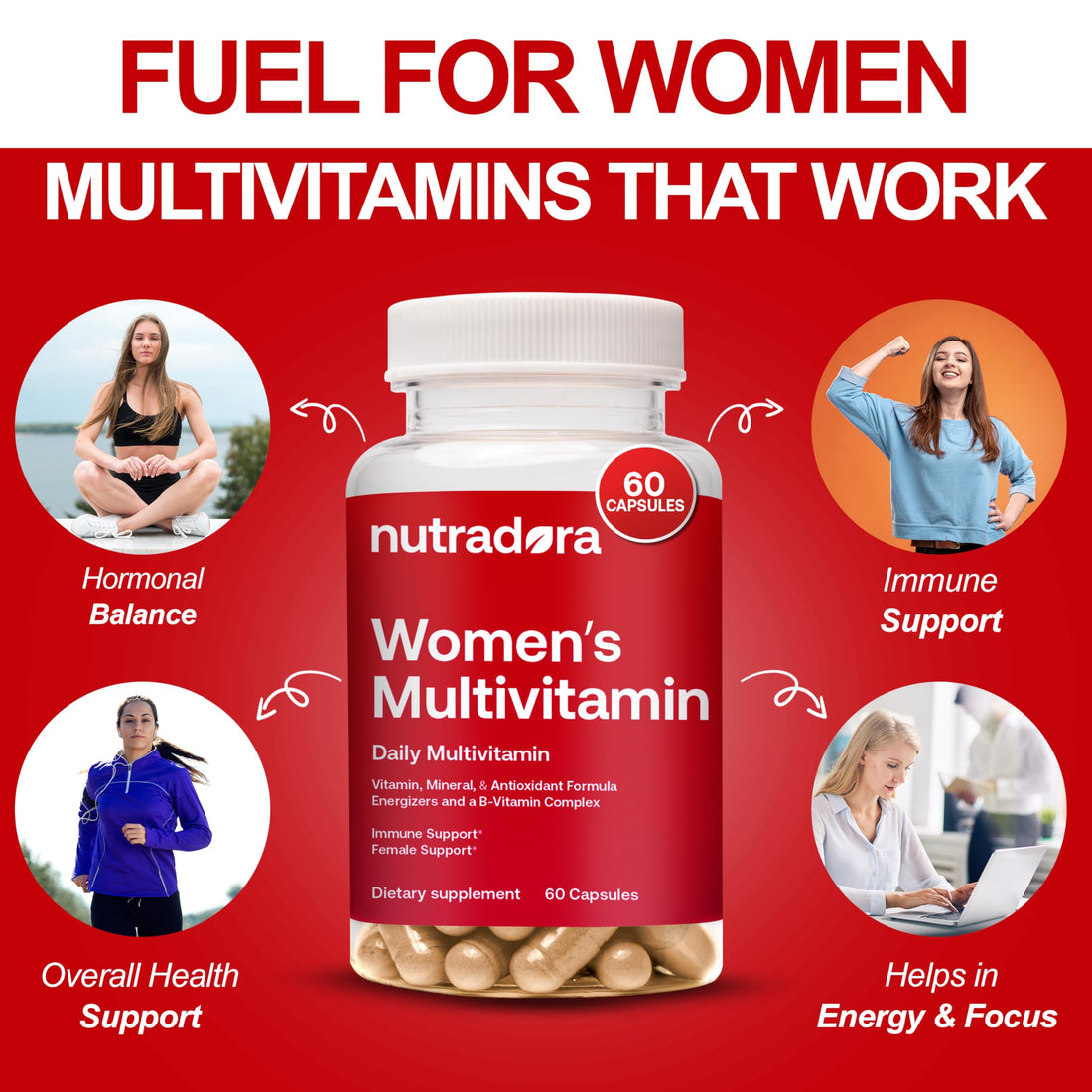 Nutradora Multivitamin for Women - Womens Multivitamin & Multimineral Supplement for Energy, Mood, Hair, Skin & Nail - Womens Daily Multivitamins A, B, C, D, E, Zinc & More Women's Vitamins Capsules