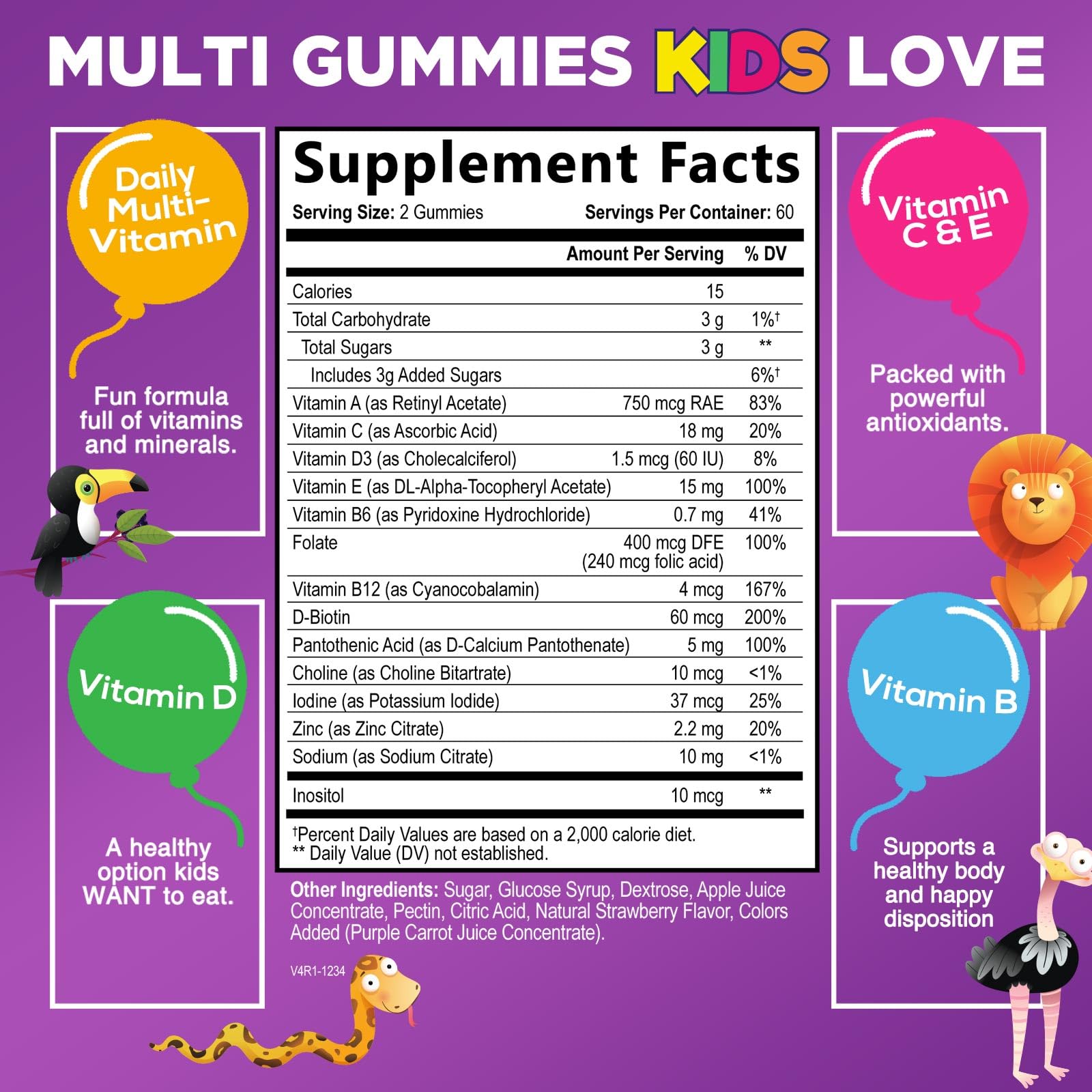 Kids Multivitamin Gummies - Daily Vitamins for Kids, Vitamin C, D3 & Zinc for Immune Support, Strawberry Flavored Gummies, Nature's Toddler & Kid Multi Vitamins, Non-GMO, Gluten Free - 120 Gummies