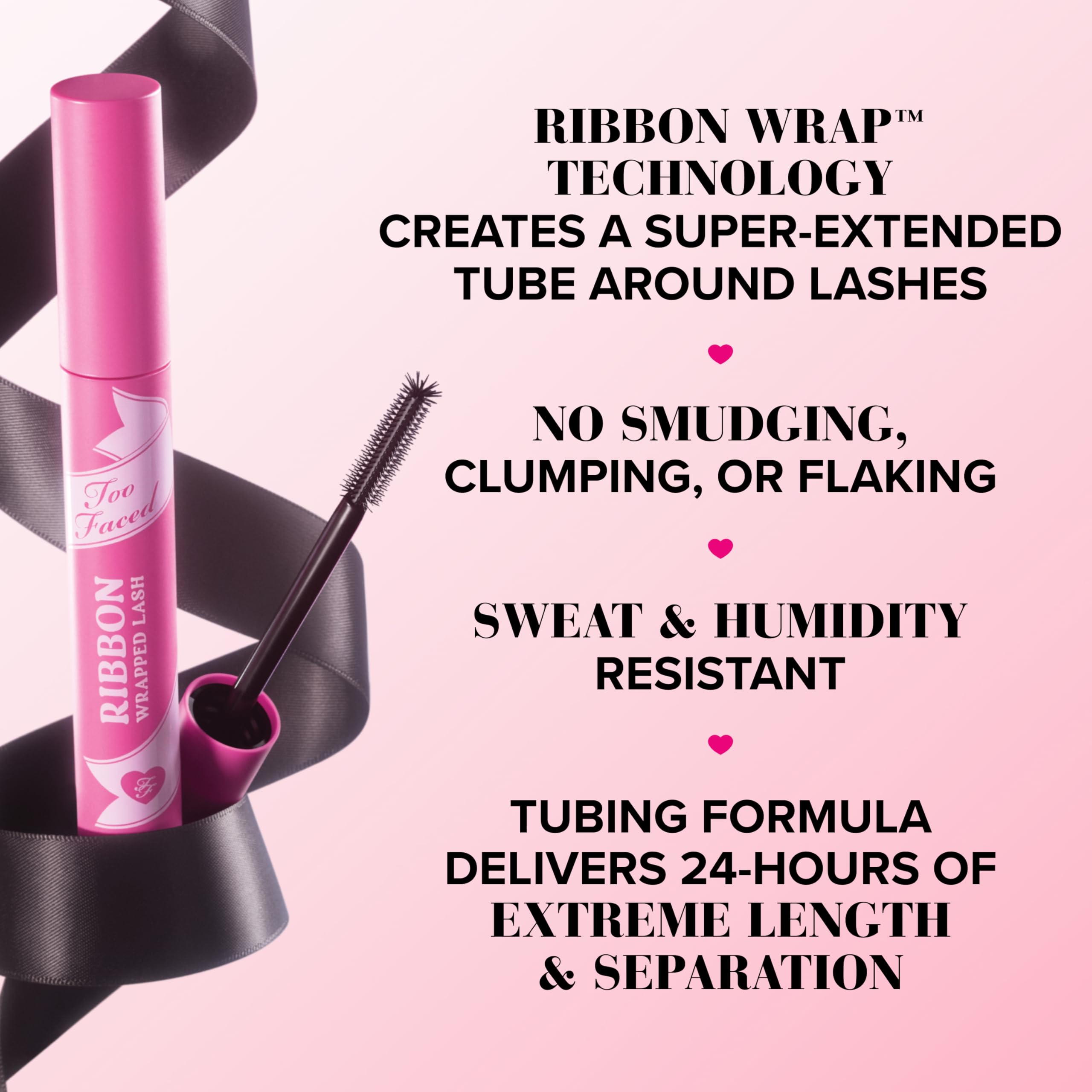 Too Faced Ribbon Wrapped Lash Mascara | Extreme Length Tubing Mascara with no Smudging, Flaking or Clumping, 0.27 Fl Oz