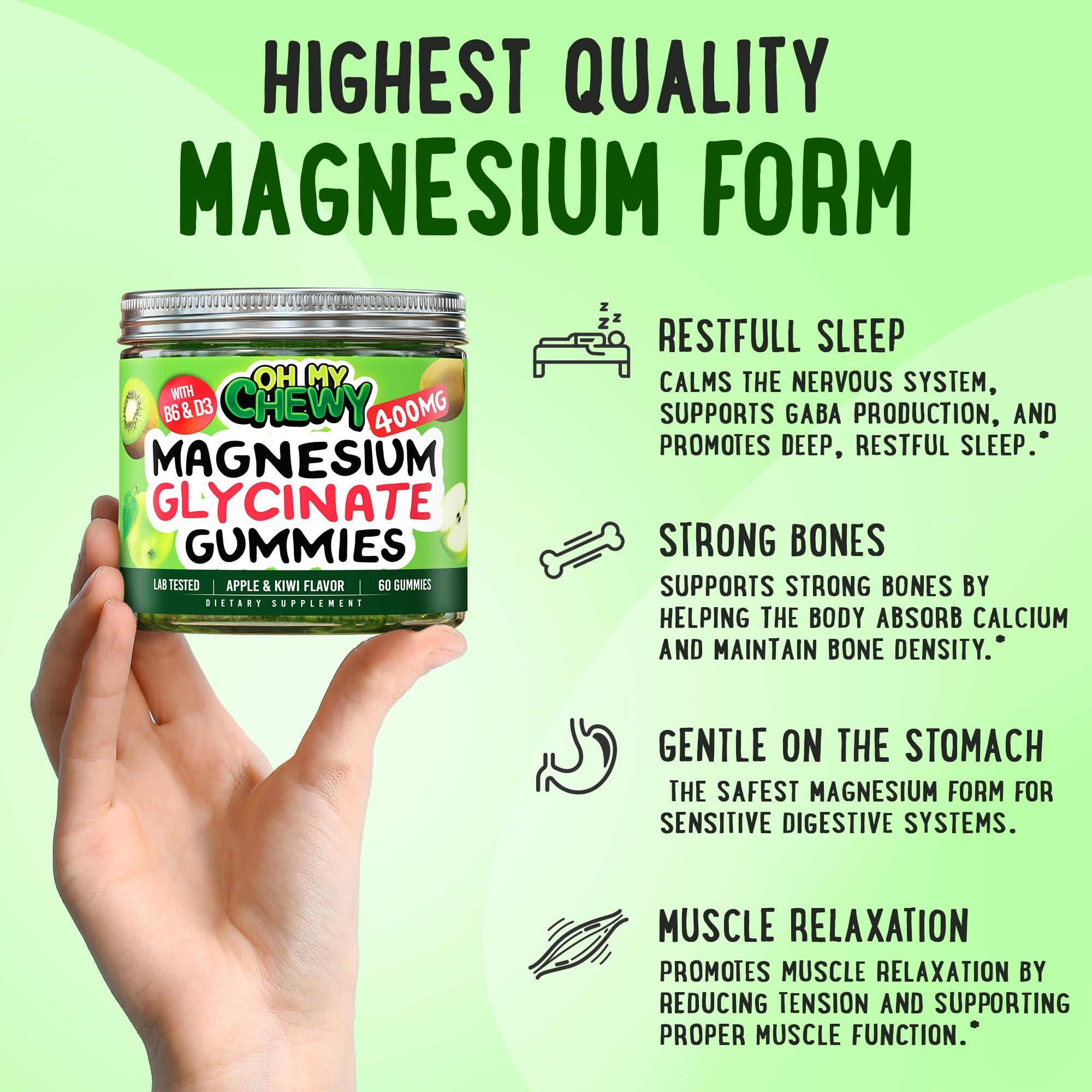 Center-Filler Magnesium Glycinate Gummies 400MG - High Absorption for Kids, Teens & Adults - Supplement for Sleep, Calm & Muscle Relaxation with B6 & D3 - Gluten Free & Vegan Friendly - 60 Count