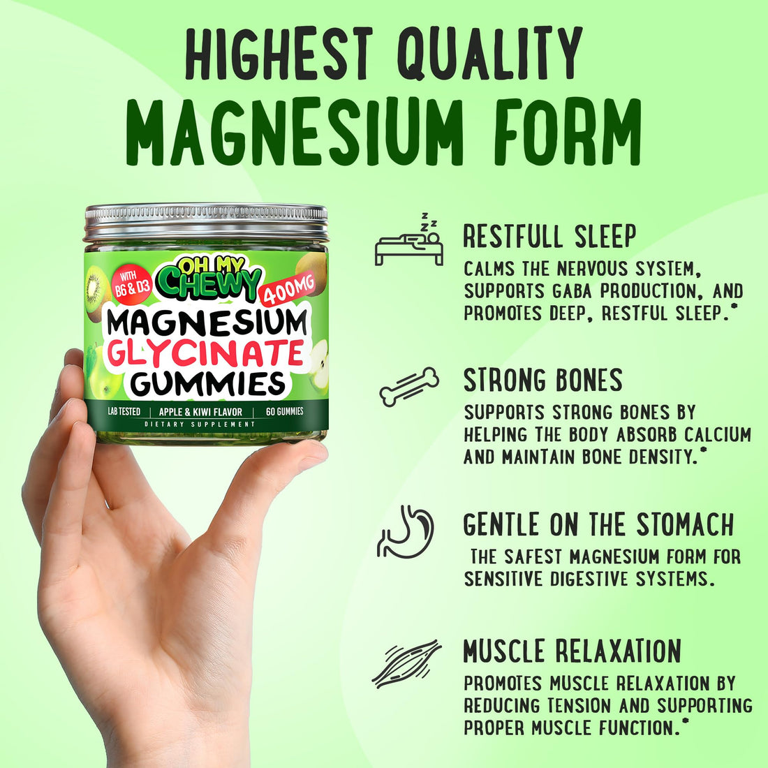 Center-Filler Magnesium Glycinate Gummies 400MG - High Absorption for Kids, Teens & Adults - Supplement for Sleep, Calm & Muscle Relaxation with B6 & D3 - Gluten Free & Vegan Friendly - 60 Count