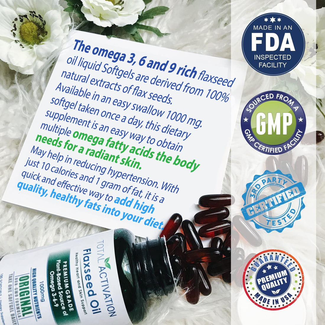 Organic Flaxseed Oil 1,000 mg Omega-3, Immune System Booster with Omega 3,6,9 from Natural ALA, Supports Healthy Hair, Skin and Nails, 100 Rich Liquid Softgels Per Bottle