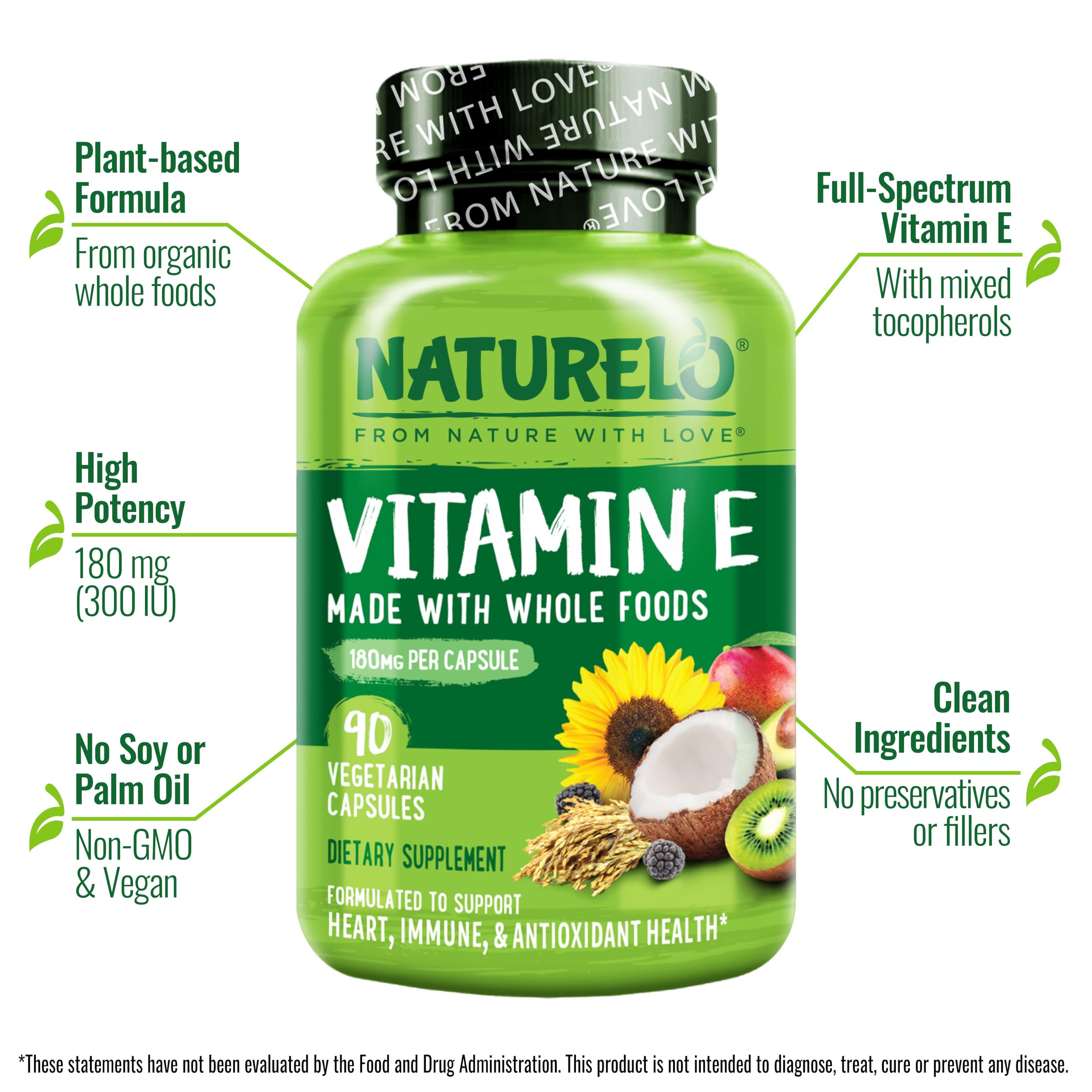 NATURELO Vitamin E - 180 mg (300 IU) of Natural Mixed Tocopherols from Organic Whole Foods - Supplement for Healthy Skin, Hair, Nails, Immune & Eye Health - Non-GMO, Soy Free - 90 Vegan Capsules