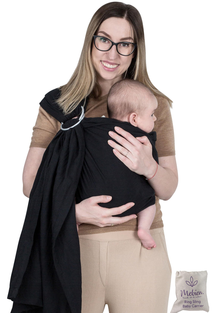 Ring Sling Baby Carrier 100% Cotton Muslin Front and Chest Newborn to Toddler Carrier and Baby Sling (Black)