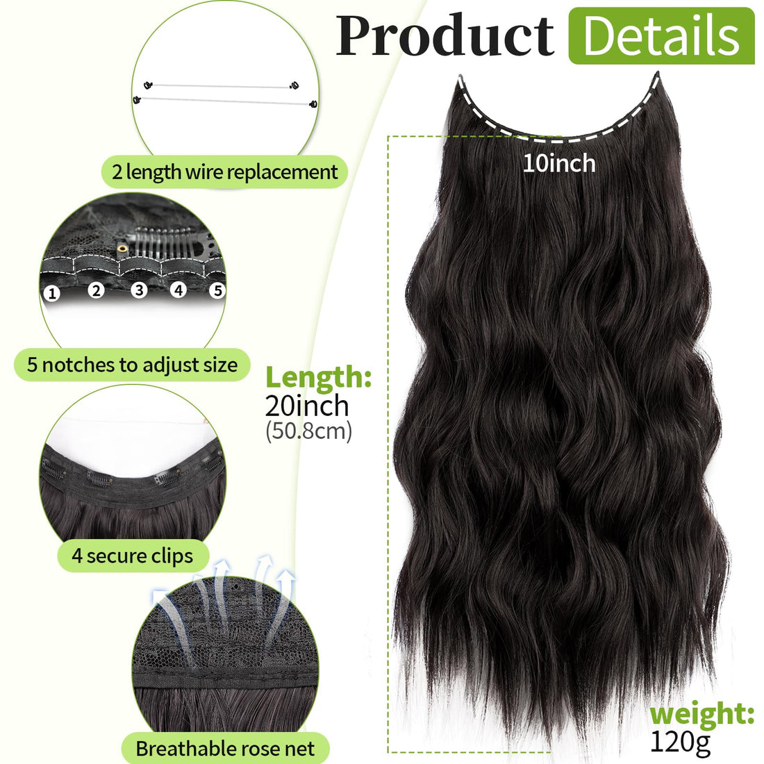 KooKaStyle Invisible Wire Hair Extensions with Transparent Wire Adjustable Size 4 Secure Clips Long Wavy Secret Synthetic Hairpiece 20 Inch 120g Rich Dark Brown with Warm Tones for Women