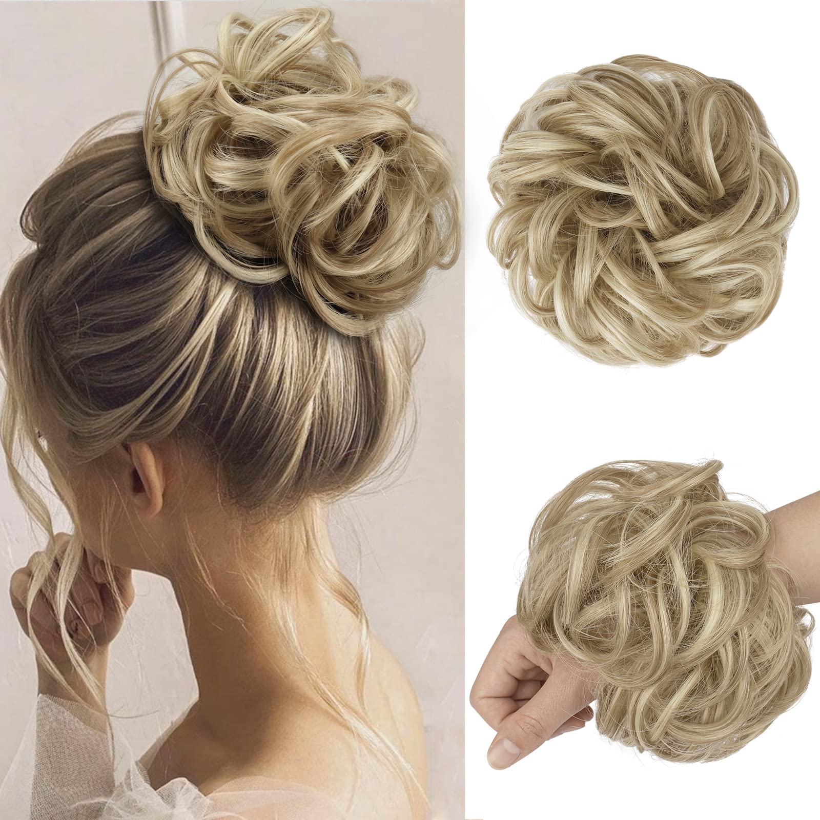 FESHFEN Messy Hair Bun Hair Pieces Wavy Curly Large Hair Bun Scrunchies Extensions Synthetic Chignon Hairpieces for Women Girls, Light Ash Brown & Bleach Blonde 1.94oz