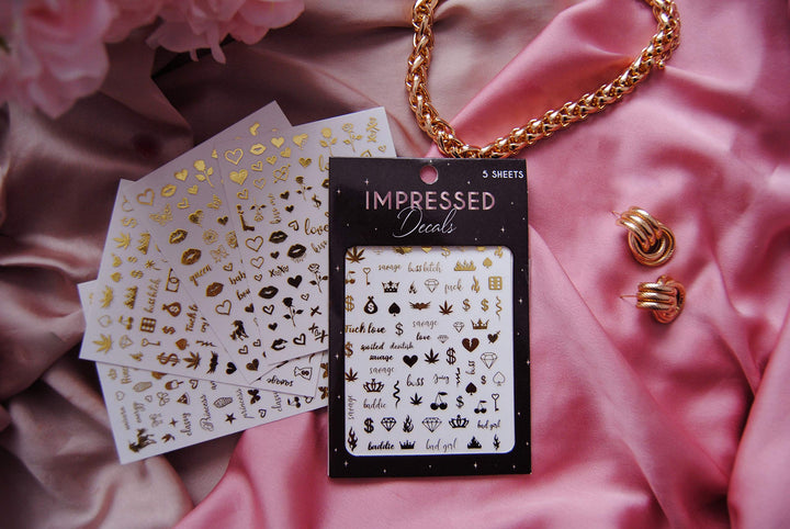 Impressed Authentic 5 Sheets Luxury Nail Art Stickers 500+ Chrome Gold Customized Nail Decals for Fake Nail Design Decorations and Salon Nails Accessories