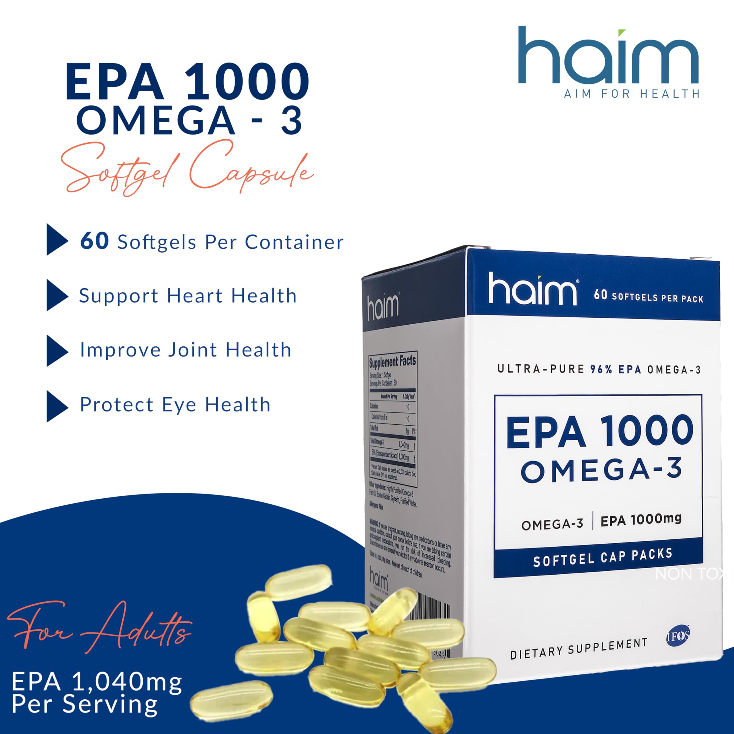 HAIM - EPA 1000mg, Ultra Pure 90%+ EPA Supplement, Heart Health, Joint Health, & Mood Support Supplement, Burpless Fish Oil, 60 EPA Softgels