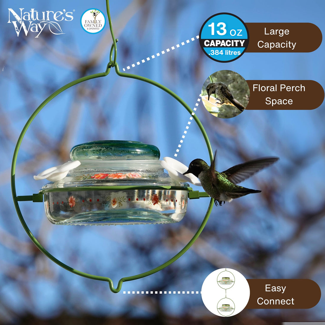 Nature's Way Bird Products Decorative Glass Top-Fill Hummingbird Feeder - Gardenia Bouquet (DTHF2)