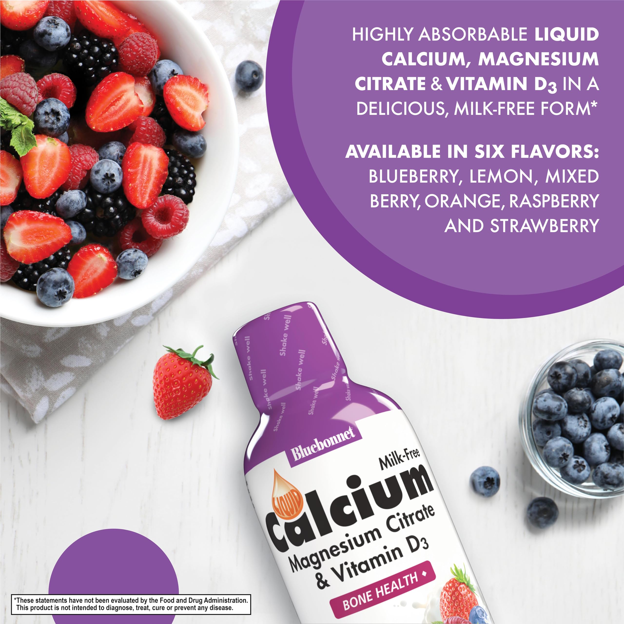 Bluebonnet Nutrition Liquid Calcium Citrate, Magnesium, Vitamin D3, Bone Health, Gluten Free, Soy Free, Milk Free, Kosher, 16 fl oz, 32 Servings, Mixed Berry Flavor