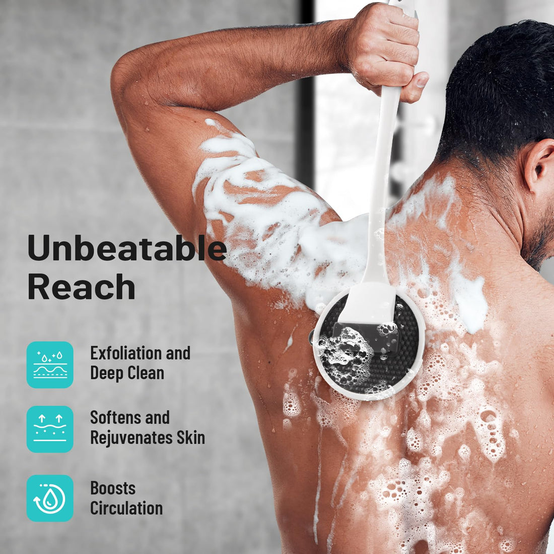 MIHJVLIFE - Silicone Back Scrubber for Shower - 16'' Detachable Long Handle Exfoliating Brush, 2025 Upgrade Loop Fin Bristles Body Brush, Deep Cleansing for All Skin, Back Washer for Men and Women