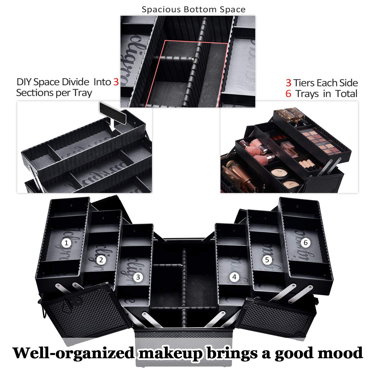 Joligrace Professional Makeup Train Storage Organizer with Lock, Compartments and 6 Trays (Black, Large, 14)