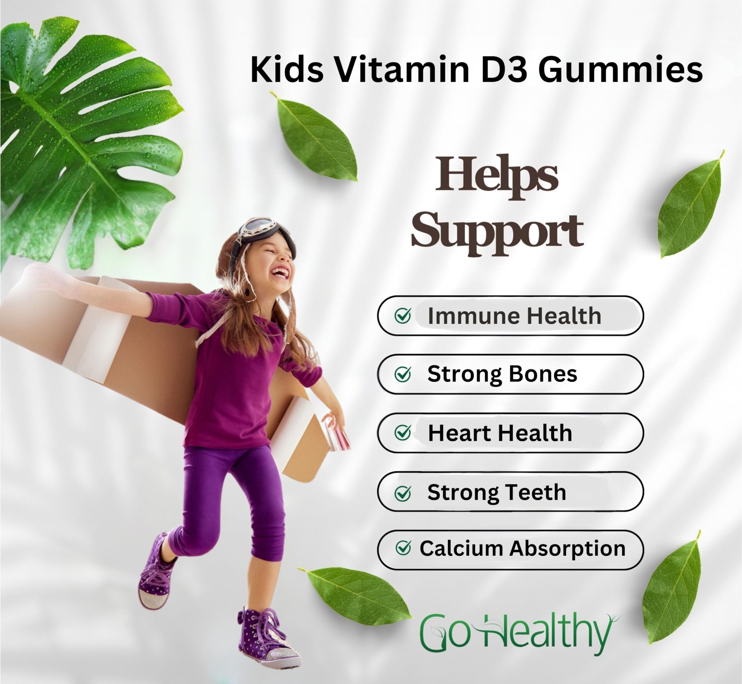 Go Healthy Kids Vitamin D Gummies – Toddler & Children's Chewable Supplement, Growth & Immune Support – Kosher, Halal, Non-GMO, Gluten-Free, Delicious Fruit Flavor - 60 Servings