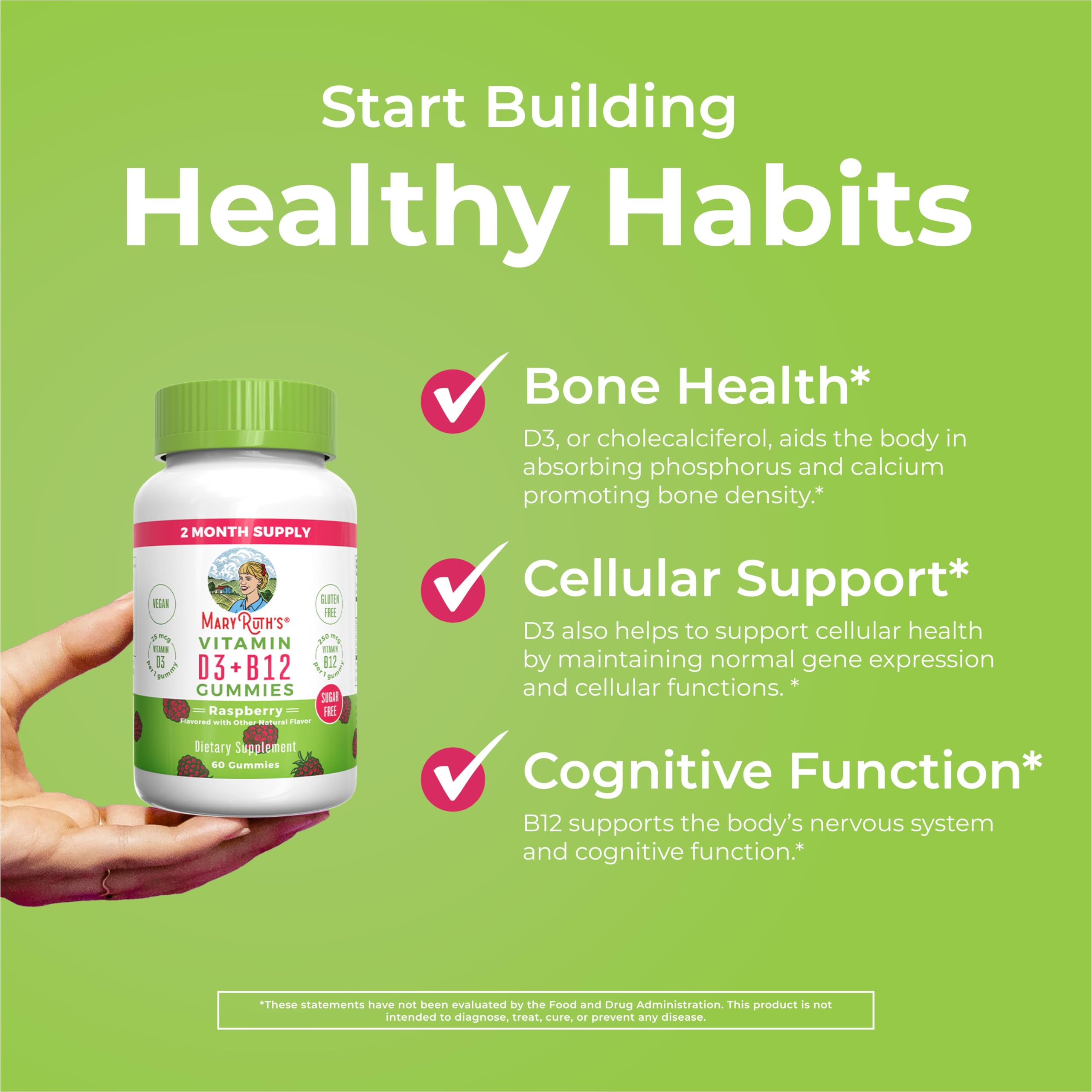 MaryRuth Organics | Vitamin D3 Vitamin B12 Gummy Supplements for Adults & Kids | Supports Bone Health | Energy Boost | Raspberry | Sugar Free | Vegan | Non-GMO | 2 Month Supply
