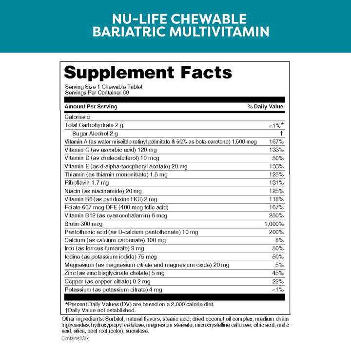 NU LIFE Advanced Bariatrics Multivitamin Chewable Tablets, Bariatric Mulivitamin with Iron - Tropical Berry (60 Chewable Tablets) (Packaging May Vary)