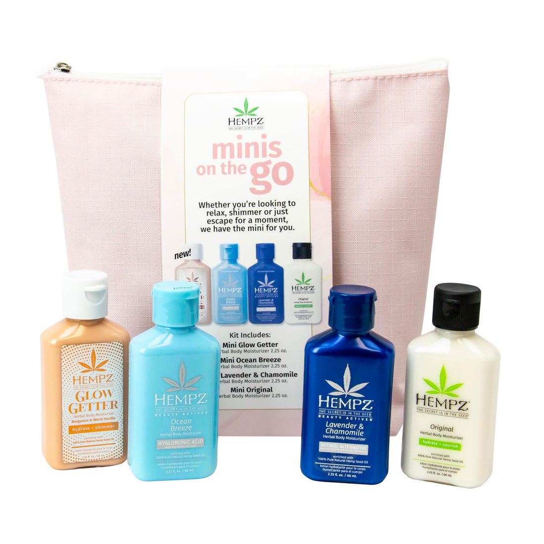 Hempz Minis on the Go - Hydrating Body & Hand Lotion (4-Pack), Travel Size 2.25 Oz Each - Perfect On-the-Go Moisturizer For Women, Featuring 4 Mini Lotions For Travel With A Free On-The-Go Bag