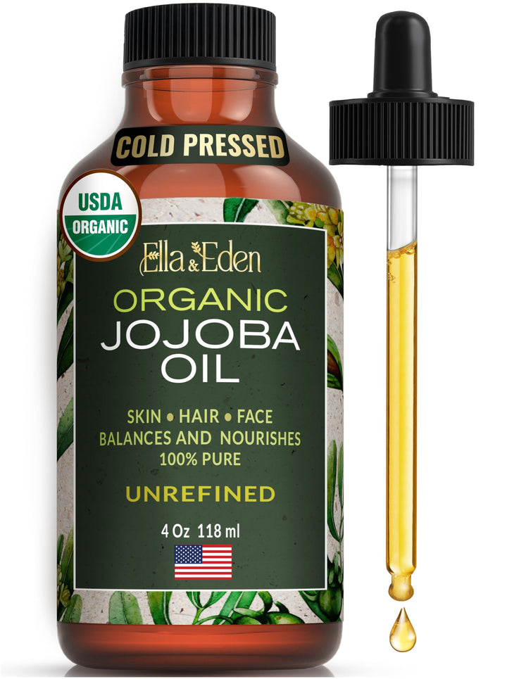 Ella & Eden Organic Jojoba Oil for Hair, Skin, Face & Nails | Cold-Pressed & Unrefined, USDA Certified, 100% Pure, Hexane-Free Moisturizer in a Glass Bottle, 4 Oz