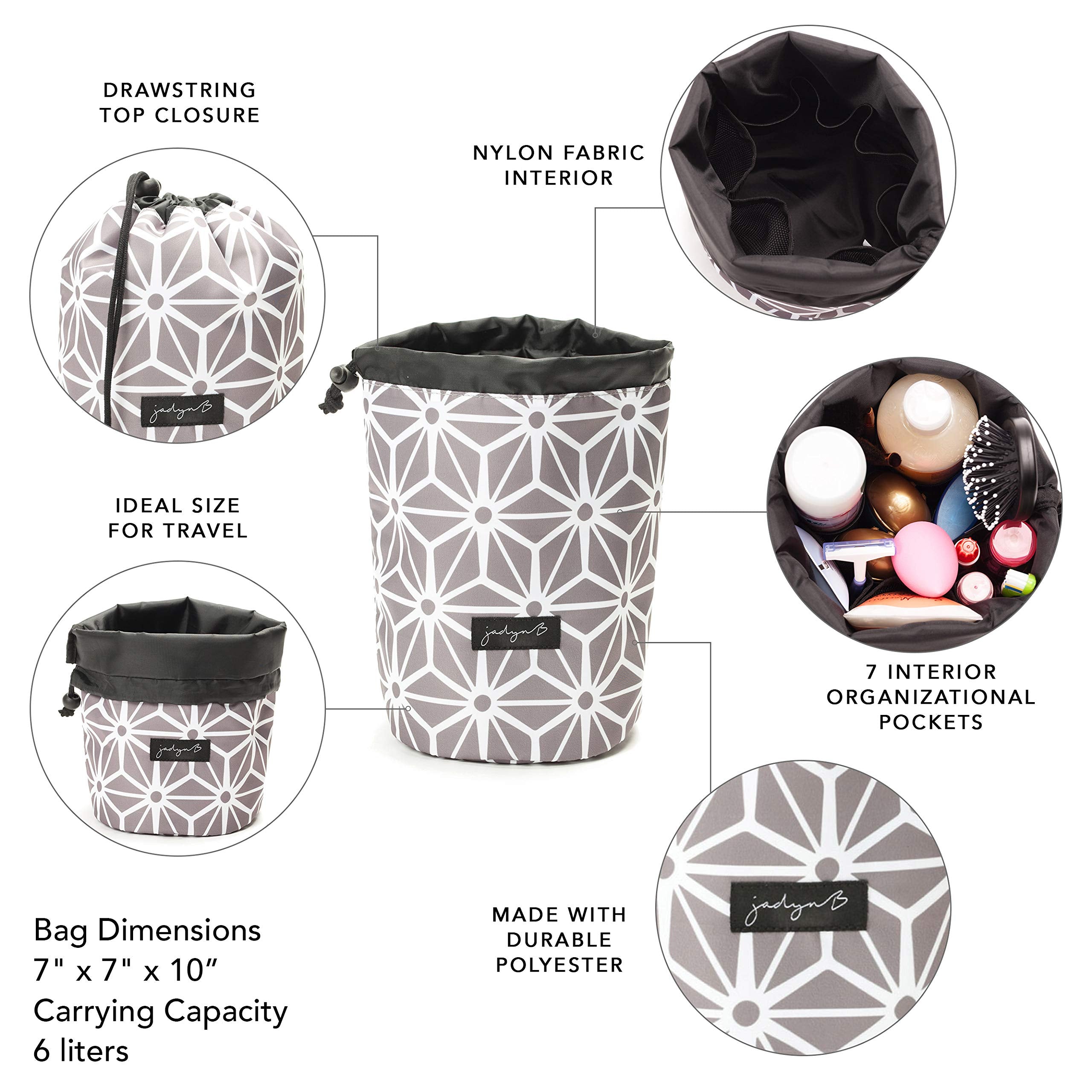 Jadyn B Cinch Top Compact Travel Makeup Bag and Cosmetic Organizer for Women (Geometric Gray)