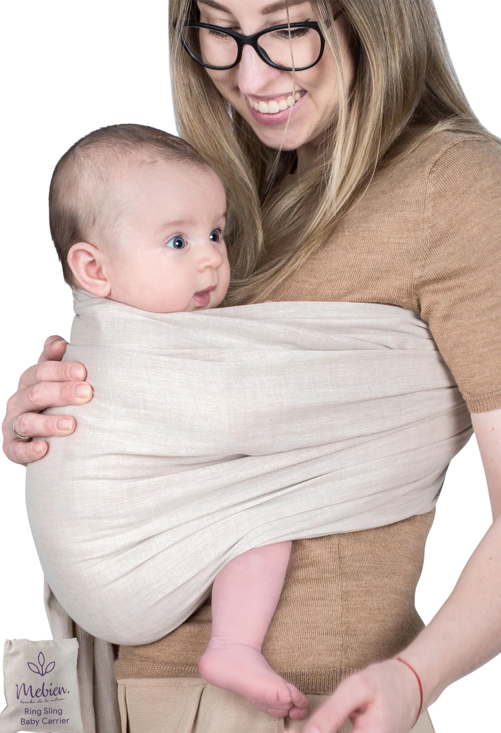 Ring Sling Baby Carrier 100% Cotton Muslin Front and Chest Newborn to Toddler Carrier and Baby Sling (Beige)