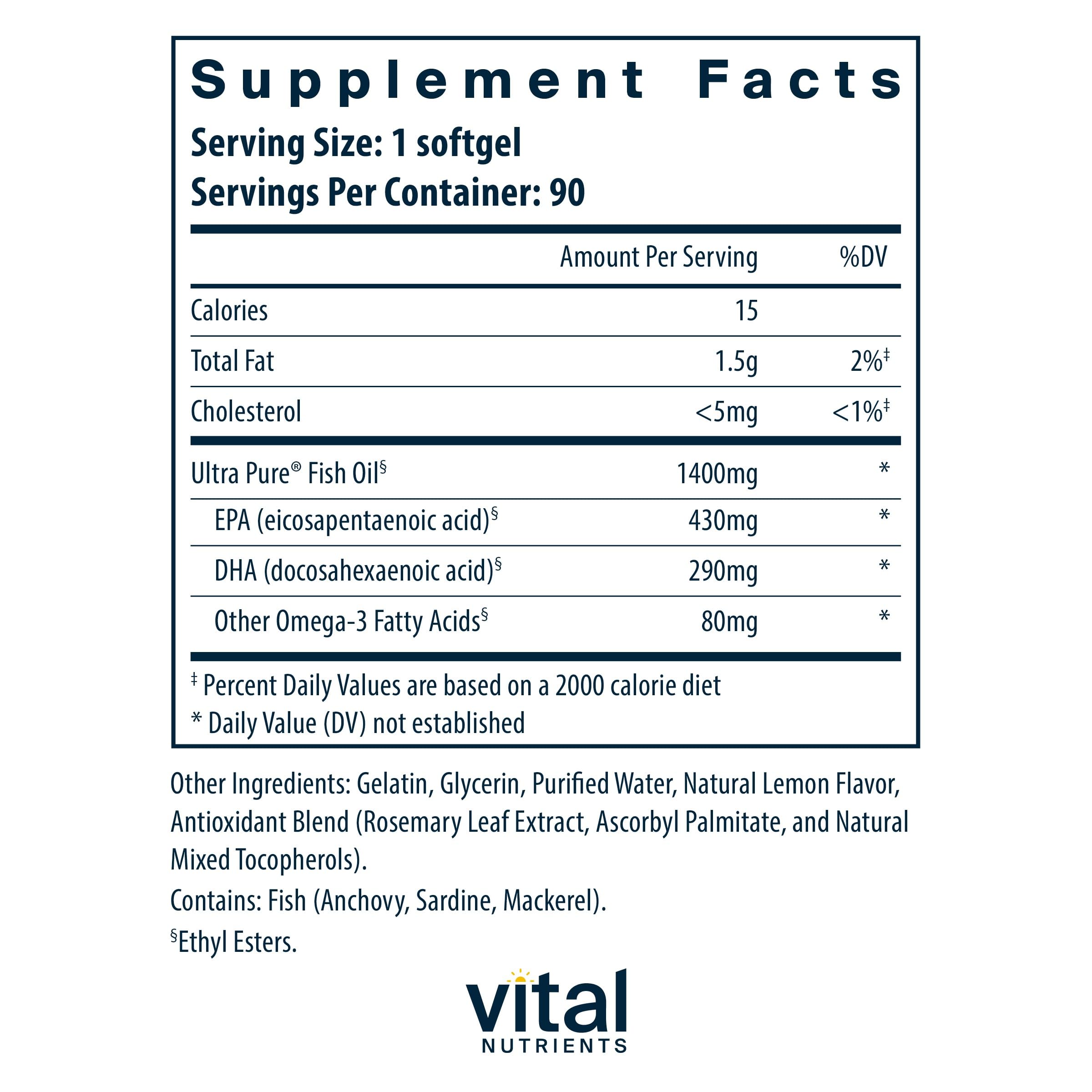 Vital Nutrients Ultra Pure® Fish Oil 800 | Supports Heart, Brain, & Immune Health* | Sustainably Sourced High EPA & DHA Omega-3 Fatty Acid | Lemon Flavor | Gluten, Dairy, Soy Free | 90 Softgels