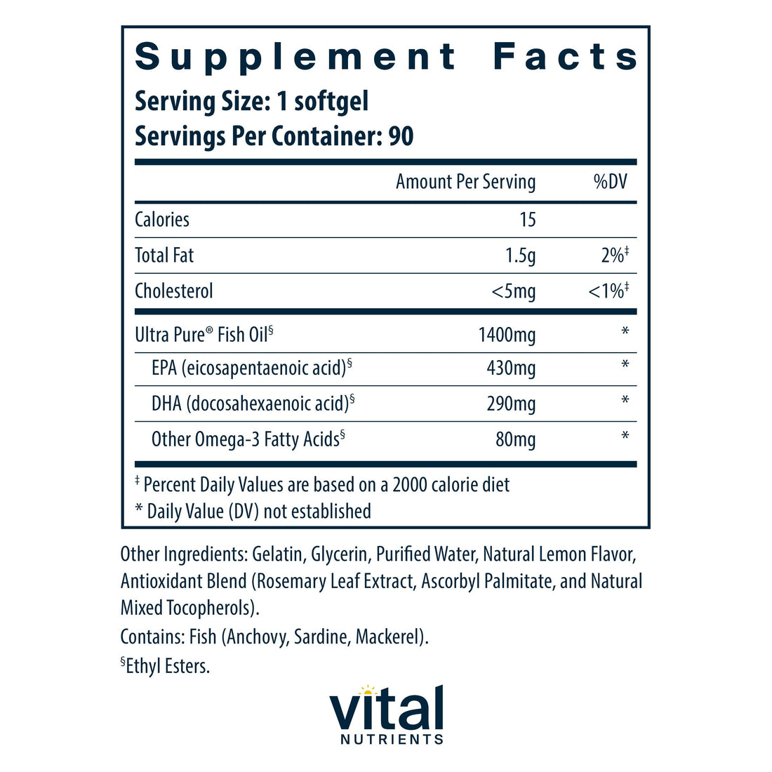 Vital Nutrients Ultra Pure® Fish Oil 800 | Supports Heart, Brain, & Immune Health* | Sustainably Sourced High EPA & DHA Omega-3 Fatty Acid | Lemon Flavor | Gluten, Dairy, Soy Free | 90 Softgels