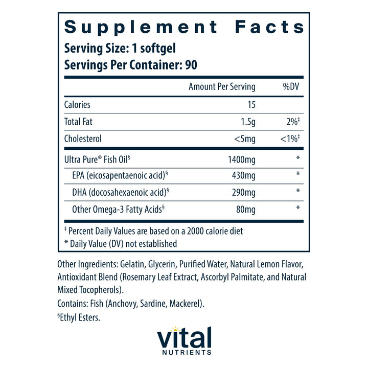 Vital Nutrients Ultra Pure® Fish Oil 800 | Supports Heart, Brain, & Immune Health* | Sustainably Sourced High EPA & DHA Omega-3 Fatty Acid | Lemon Flavor | Gluten, Dairy, Soy Free | 90 Softgels