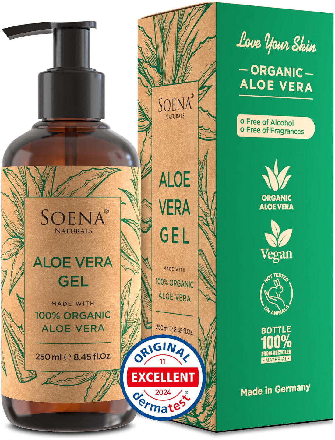 Aloe Vera Gel Organic - Vegan - FROM 100% ORGANIC LEAFES | Natural & Pure - Made in Germany - Certified Organic - Moisturizer - For Face, Skin, Hair, Sunburn relief | Non-Sticky & Fragrance Free