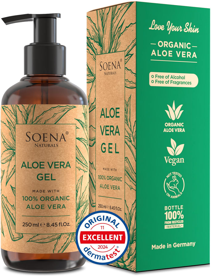 Aloe Vera Gel Organic - Vegan - FROM 100% ORGANIC LEAFES | Natural & Pure - Made in Germany - Certified Organic - Moisturizer - For Face, Skin, Hair, Sunburn relief | Non-Sticky & Fragrance Free