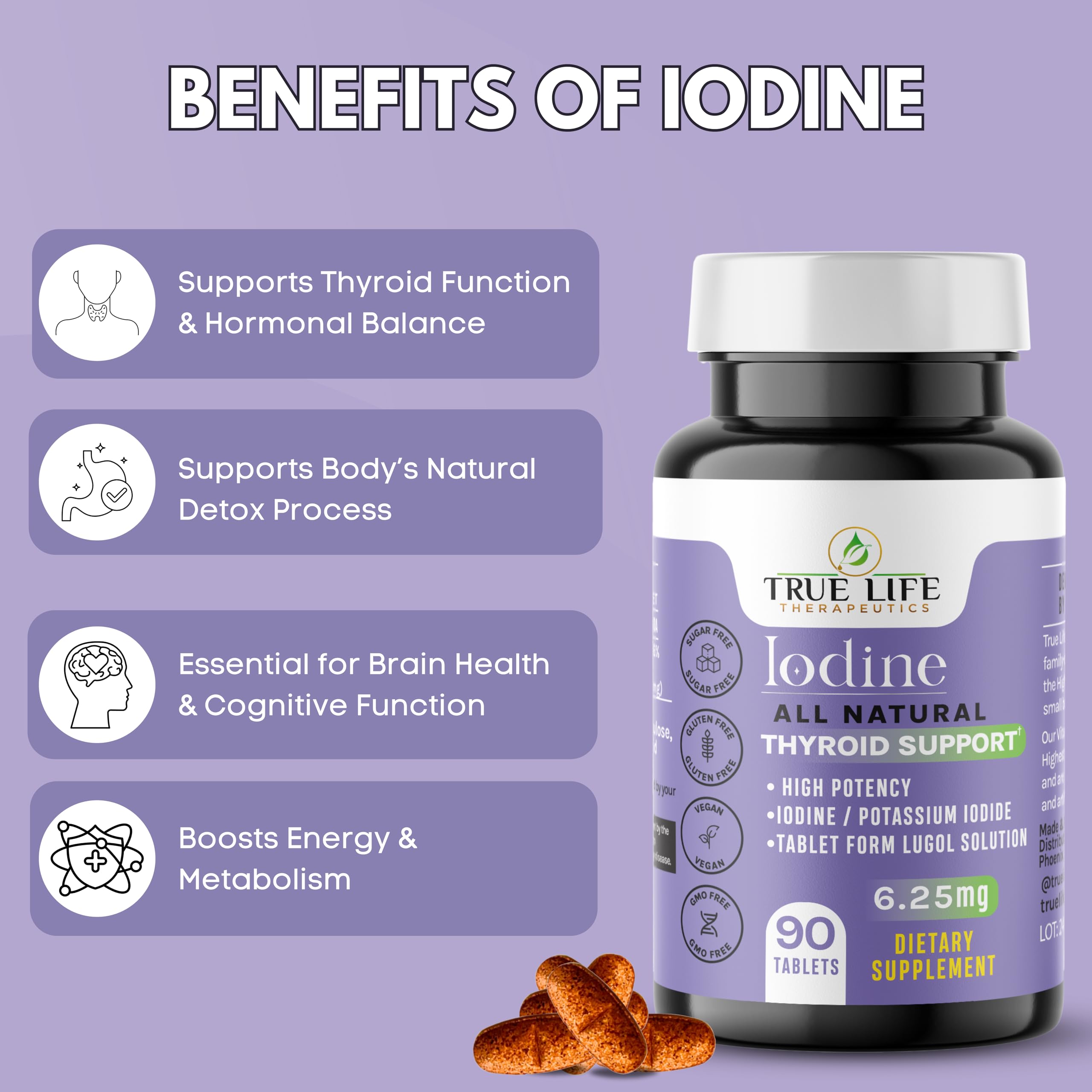 Lugol's Iodine Tablets 6.25mg x 90 ct - Reddish Brown Stable Iodine + Potassium Iodide Formula, Masks Bitter Liquid Taste, Thyroid Support, Detox, Breast Health - No Preservative, Non-GMO, Gluten-free