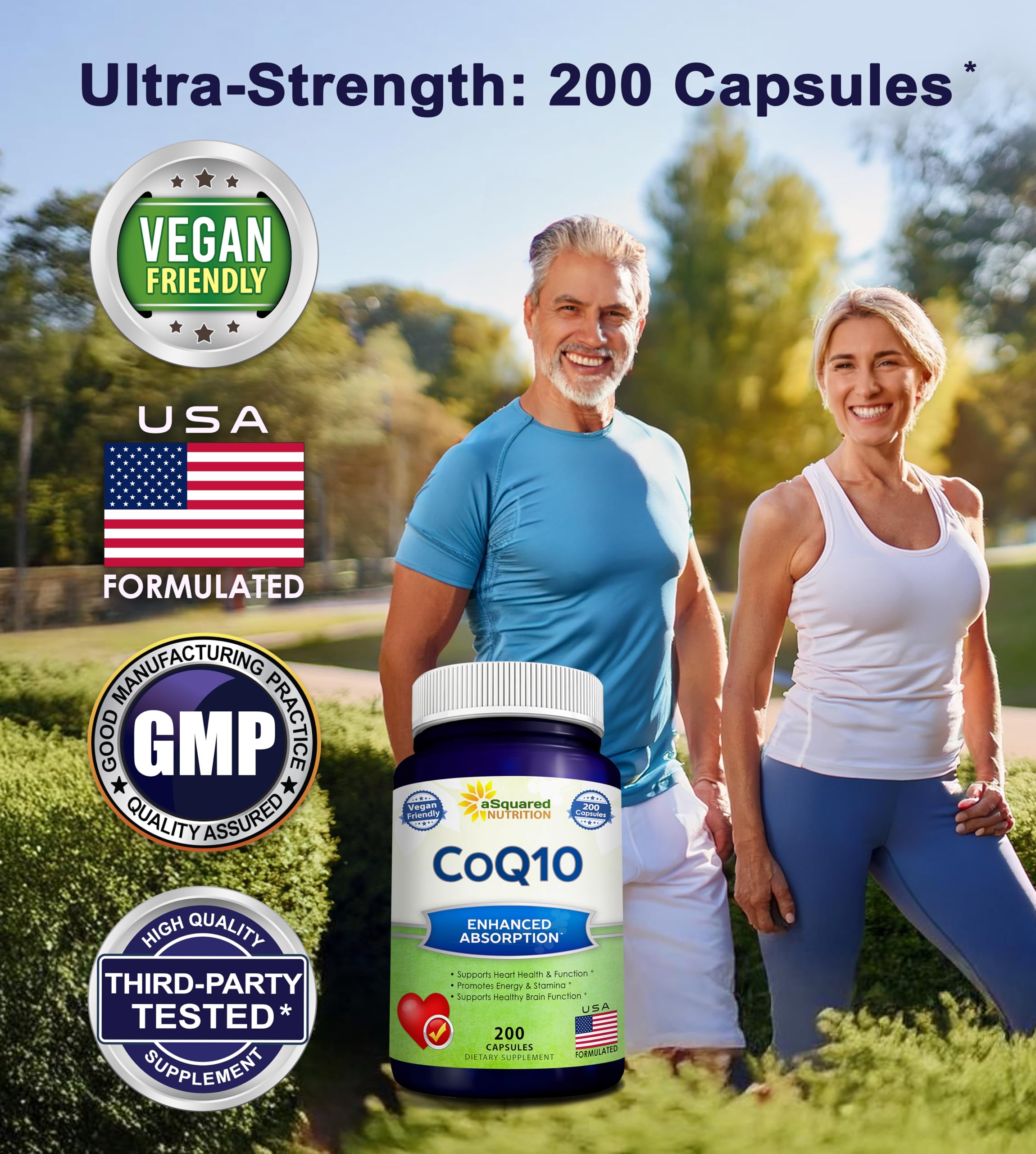 aSquared Nutrition CoQ10 (400mg Max Strength, 200 Capsules) - High Absorption Vegan Coenzyme Q10 Powder - Ubiquinone Supplement Pills, Extra Antioxidant CO Q-10 Enzyme Vitamin Tablets, Coq 10 400 mg