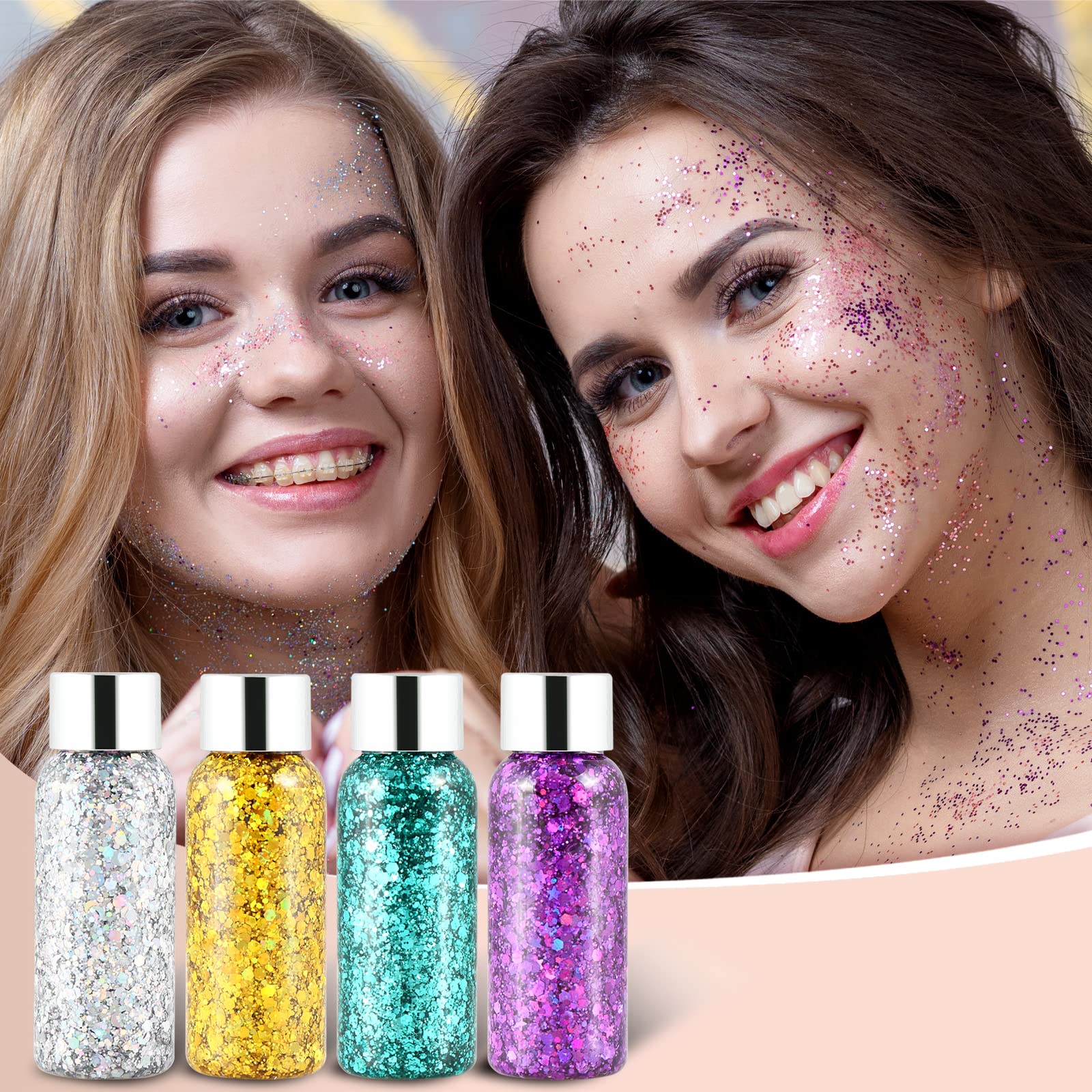 Body Glitter Gel Set 4 Colors Sequins Chunky Glitter Gel Colorful Eyeshadow Glitter Holographic Body Gel for Festival Party Face Makeup Hair Eye Lips Shimmer Gold,Silver,Purple,Green