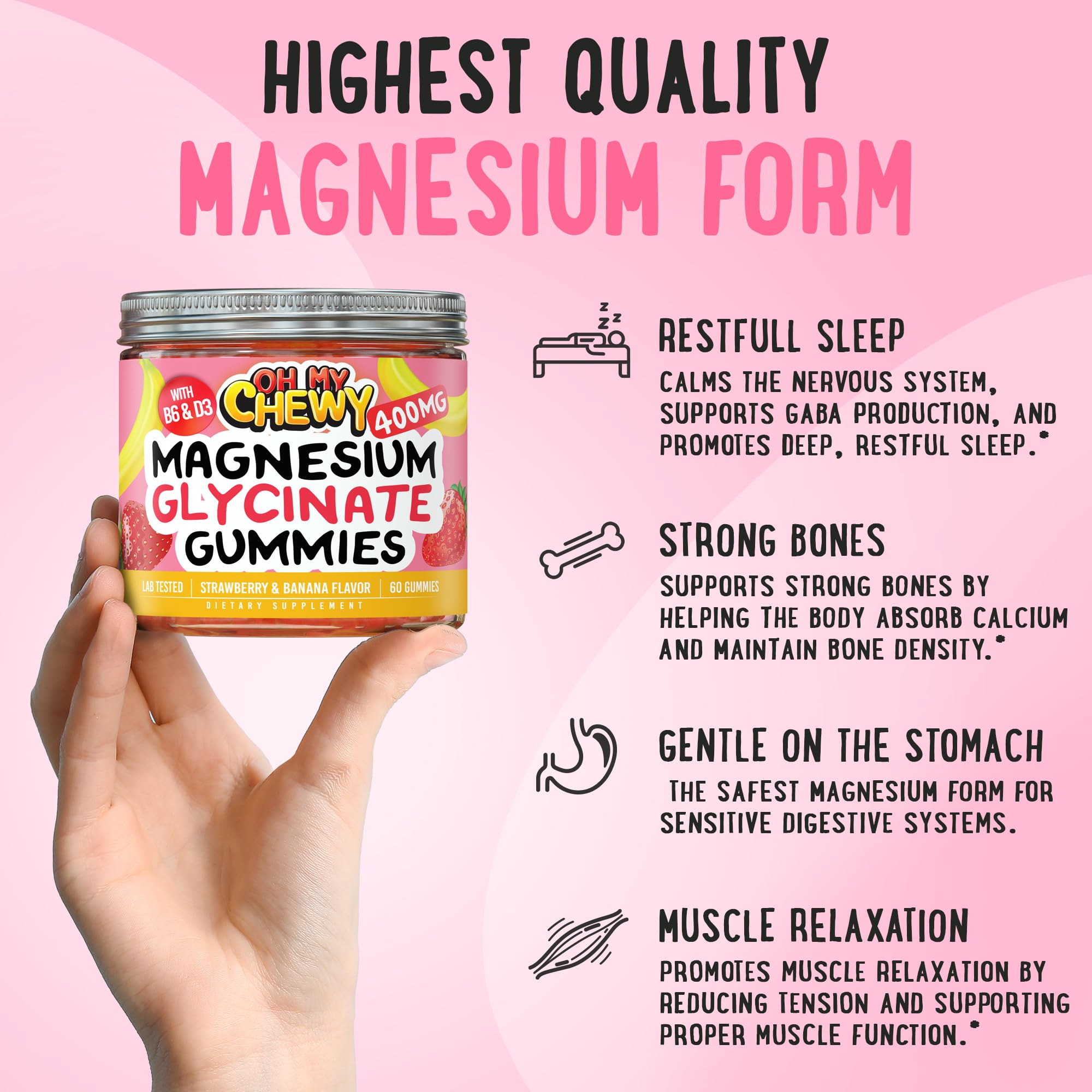 Center-Filler Magnesium Glycinate Gummies 400MG - High Absorption for Kids, Teens & Adults - Supplement for Sleep, Calm & Muscle Relaxation with B6 & D3 - Gluten Free & Vegan Friendly - 60 Count