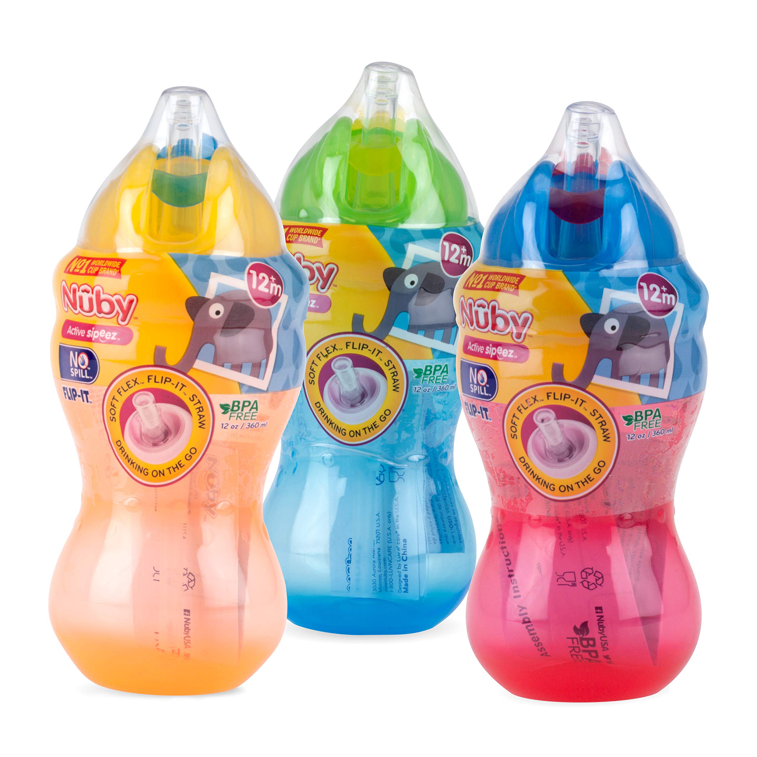 Nuby 3 Pack Boy Mega Flip It Cup with Soft Flex Straw, 12 Oz