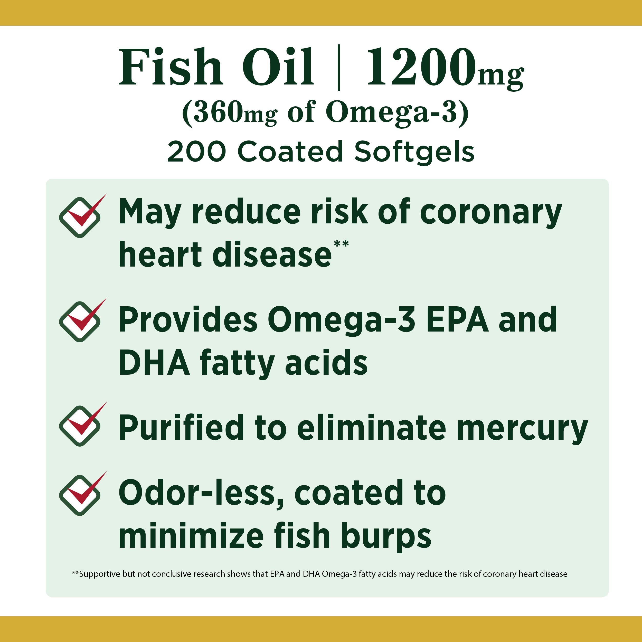 Nature's Bounty Fish Oil, Supports Heart Health, 1200 Mg, 360mg Omega-3, 200 Odorless Coated Softgels