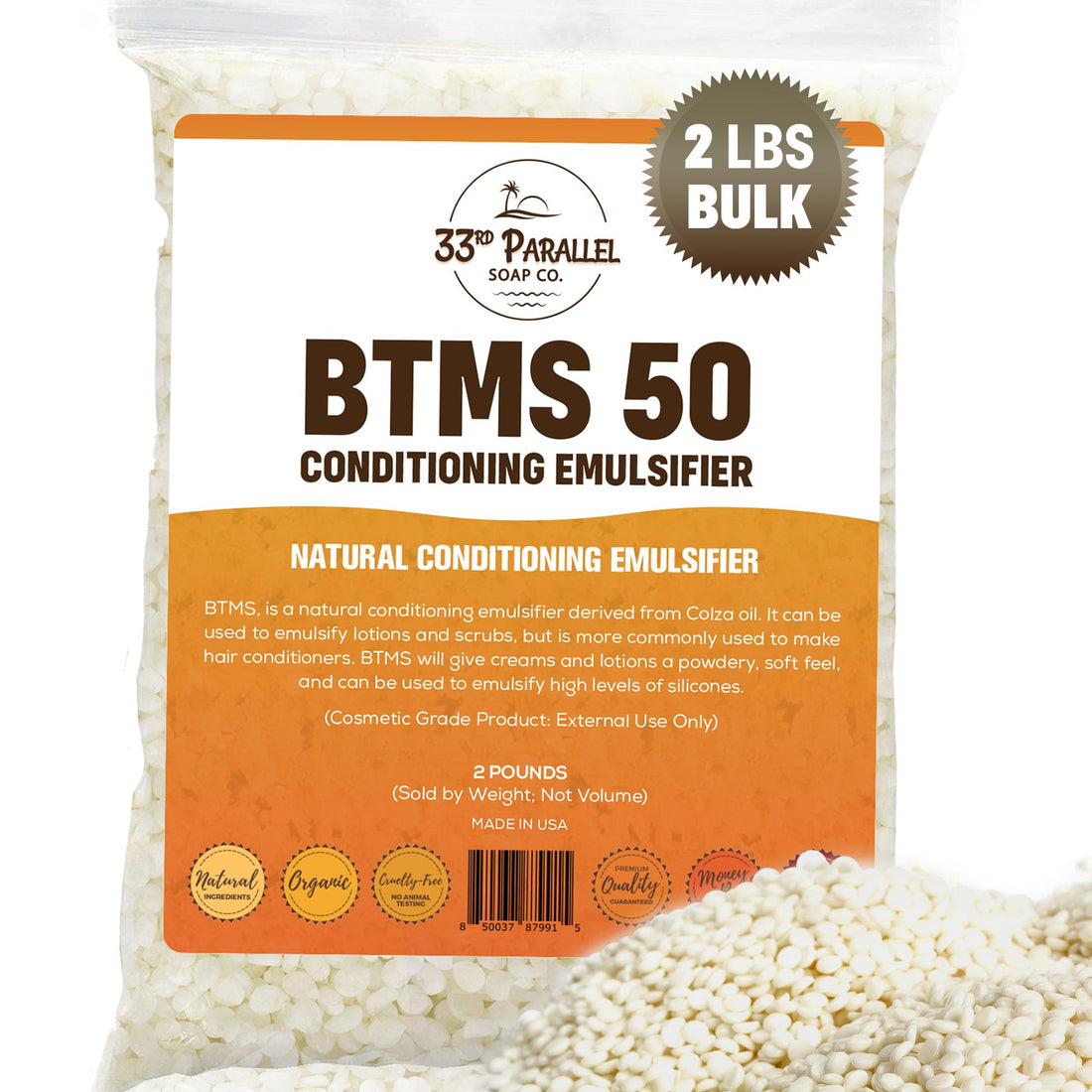 33rd PARALLEL | BTMS 50 (2 lbs / 32 oz) Bulk Conditioning Emulsifier | 100% Natural Plant Derived | Behentrimonium Methosulfate Cetearyl Alcohol Emulsifying Conditioner | Product of USA (2 POUNDS)