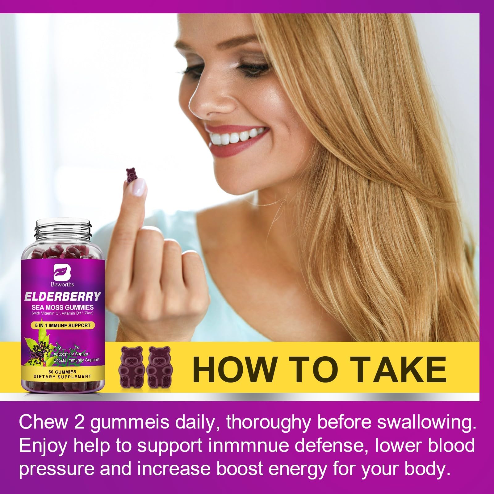 B BEWORTHS Elderberry Gummies & Irish Sea Moss, Organic Sambucus Elderberry Gummy with Seamoss, Zinc, Vitamin C, D3, Multivitamin Elderberry Vitamin & Energy Support Supplements - Sugar-Free