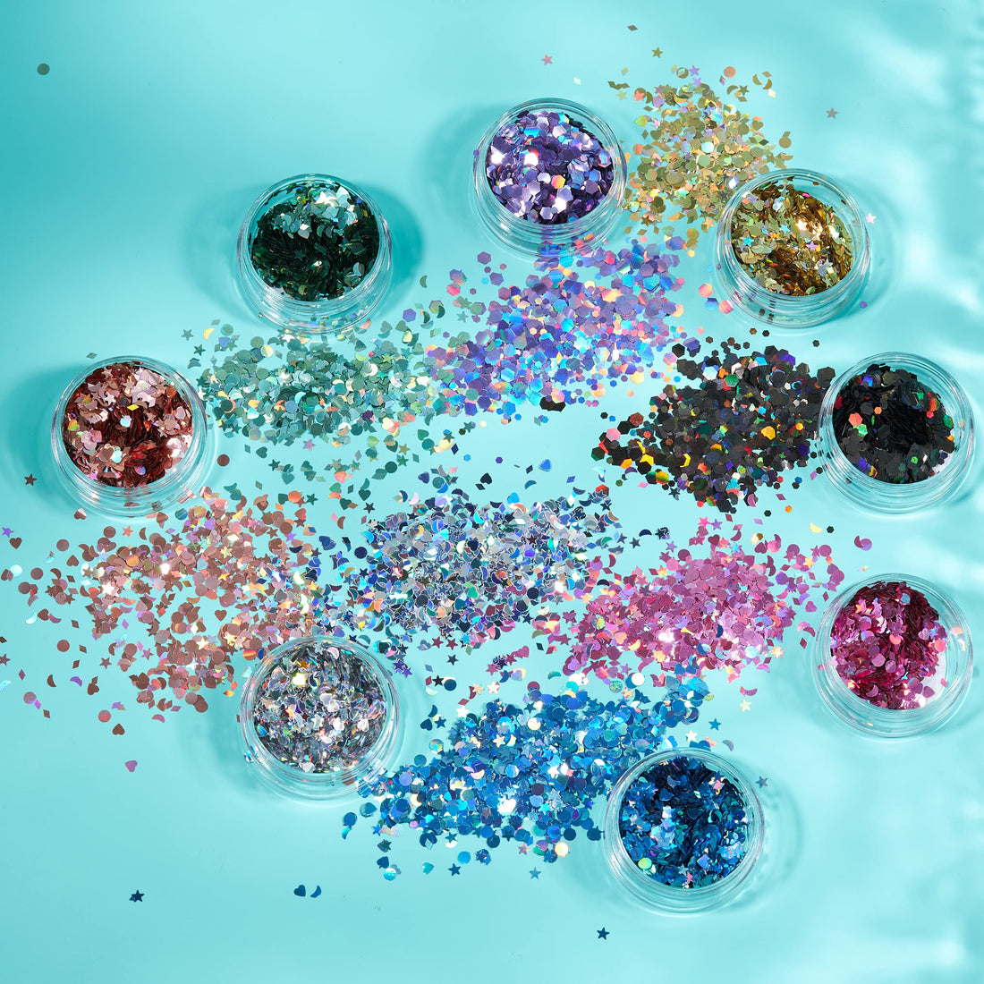 Moon Glitter Holographic Glitter Shapes By 100% Cosmetic Glitter For Face, Body, Nails, Hair And Lips - 3G - Set Of 8 Colours
