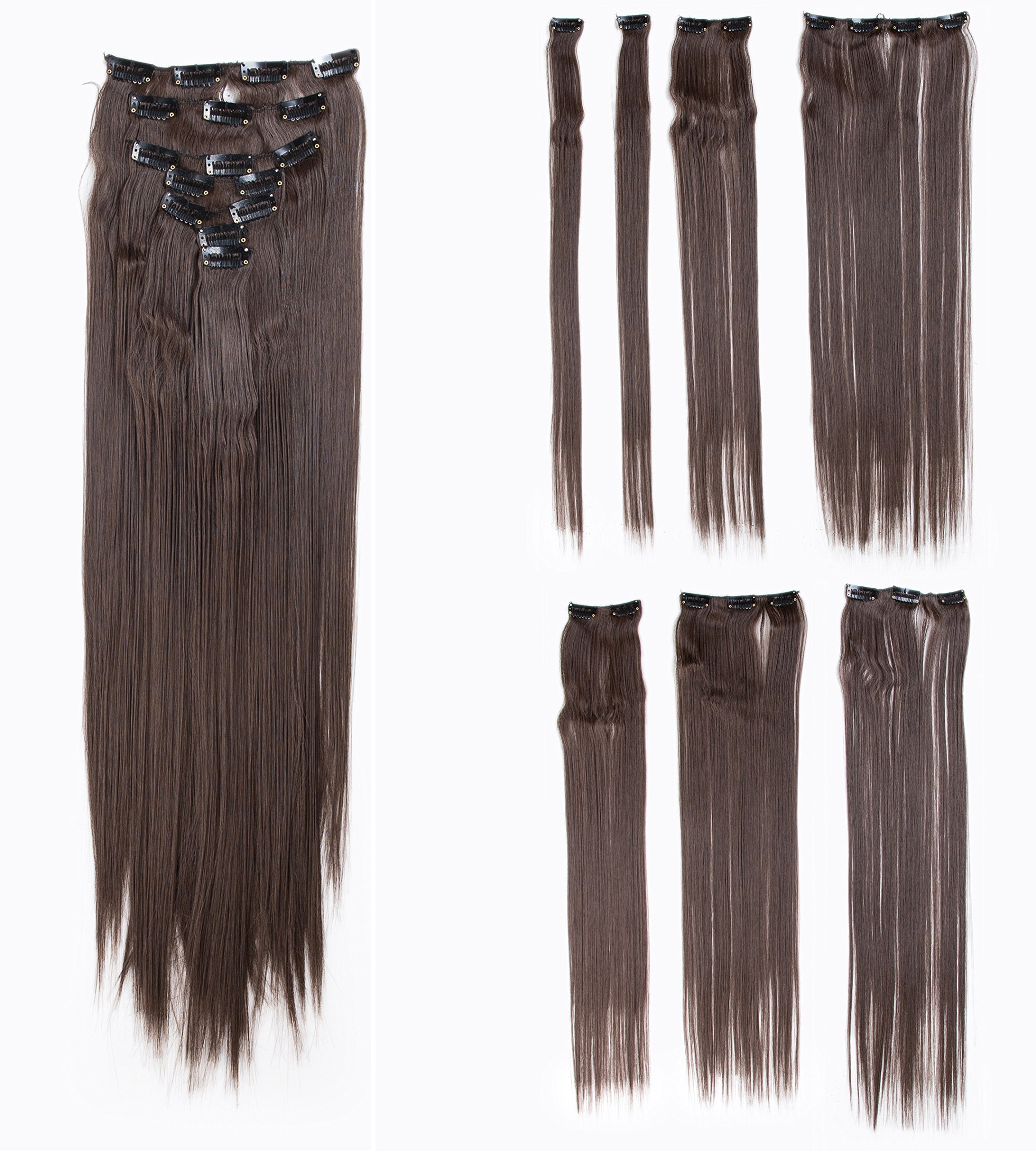 Chestnut Brown-6# : SWACC Women 22 Inches Straight Full Head 7 Separate Pieces Heat Resistance Synthetic Hair Clip in Hair Extensions (Chestnut Brown-6#)