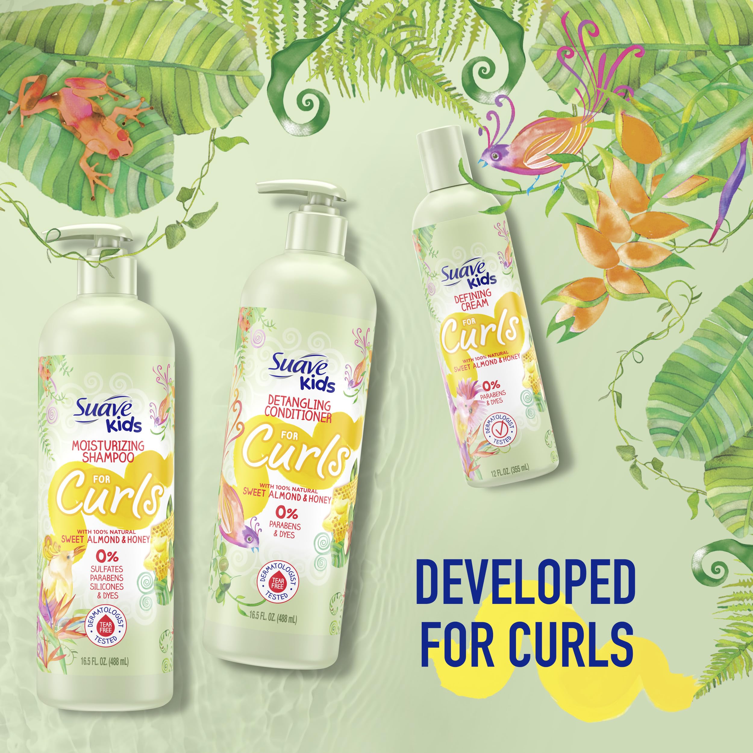 Suave Kids Natural Sweet Almond Honey Curly Hair Shampoo, Tear Free, No Sulfates, No Parabens, No Silicones, No Dyes, 16.5 Oz Pack of 4