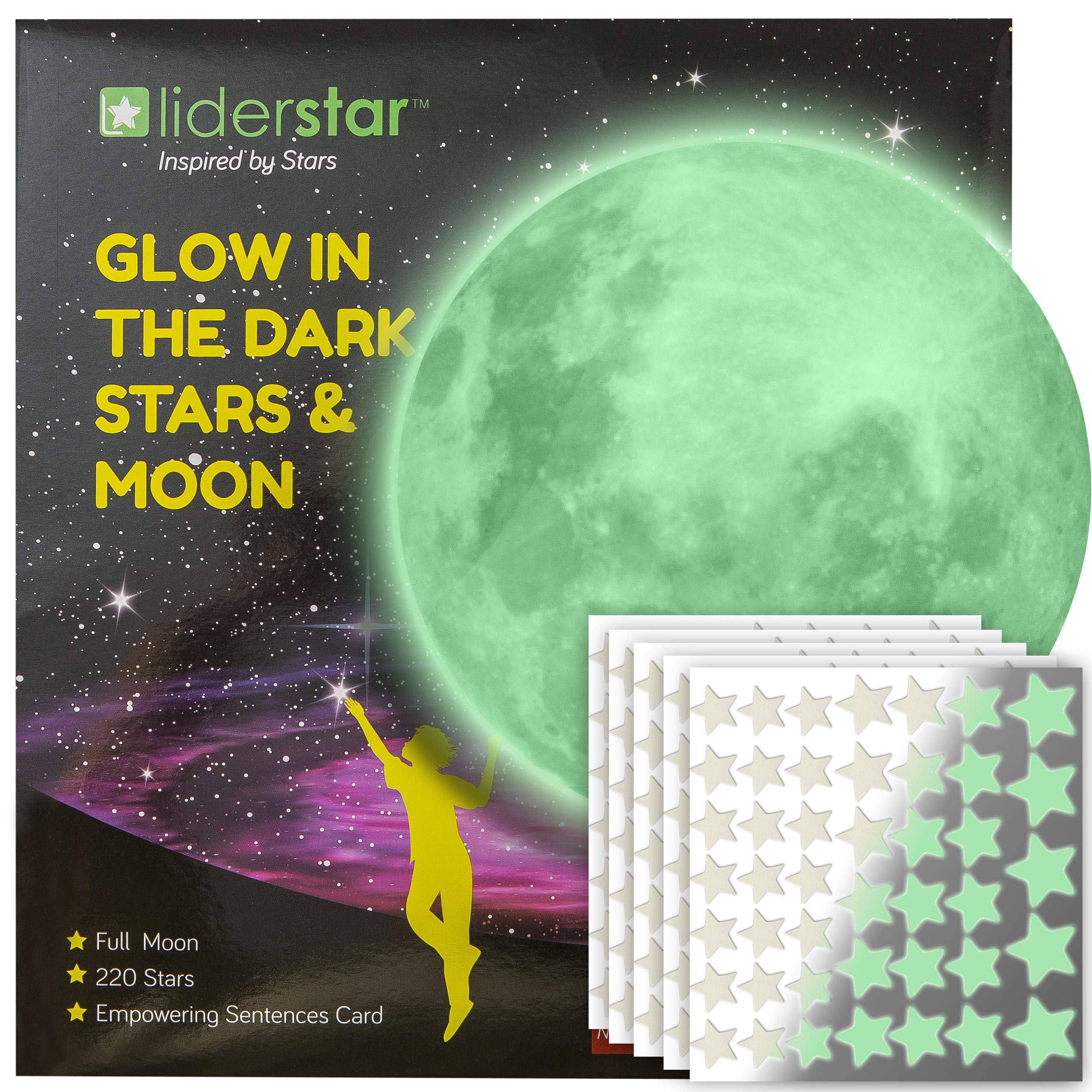 LIDERSTAR Vinyl Glow in The Dark Stars and Free Removable Full Moon, 220 Adhesive Glowing Star Beautiful Wall Stickers Decals for Bedroom Ceiling, Bonus Affirmation Card for Kids