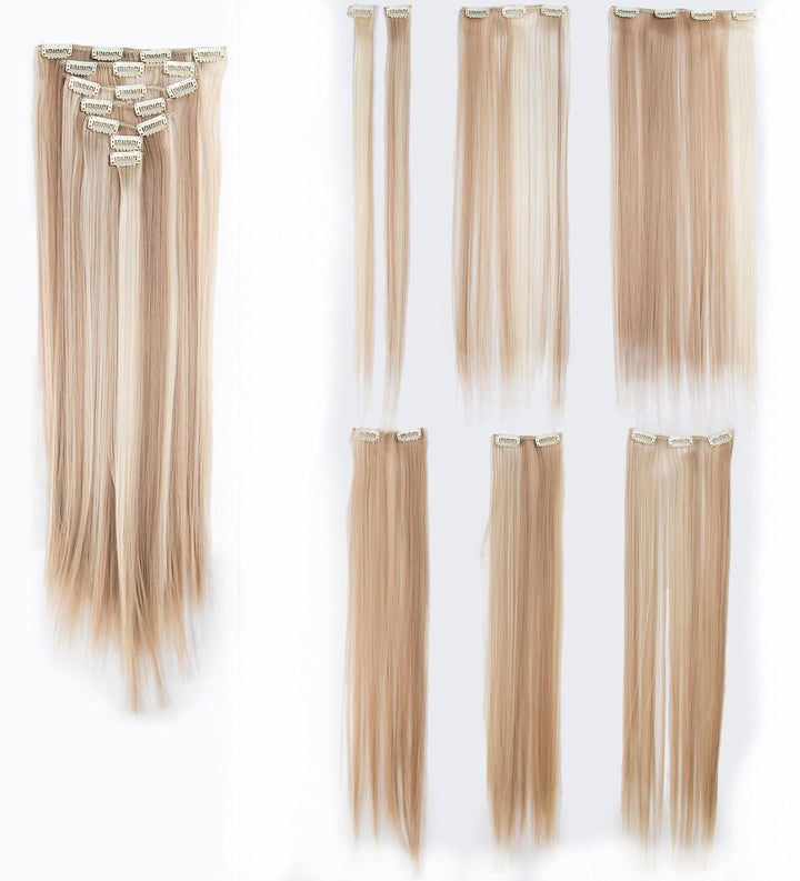 SWACC Women 22 Inches Straight Full Head 7 Separate Pieces Heat Resistance Synthetic Hair Clip in Hair Extensions (Dark Honey Blonde/Bleach Blonde Highlights-16H613)