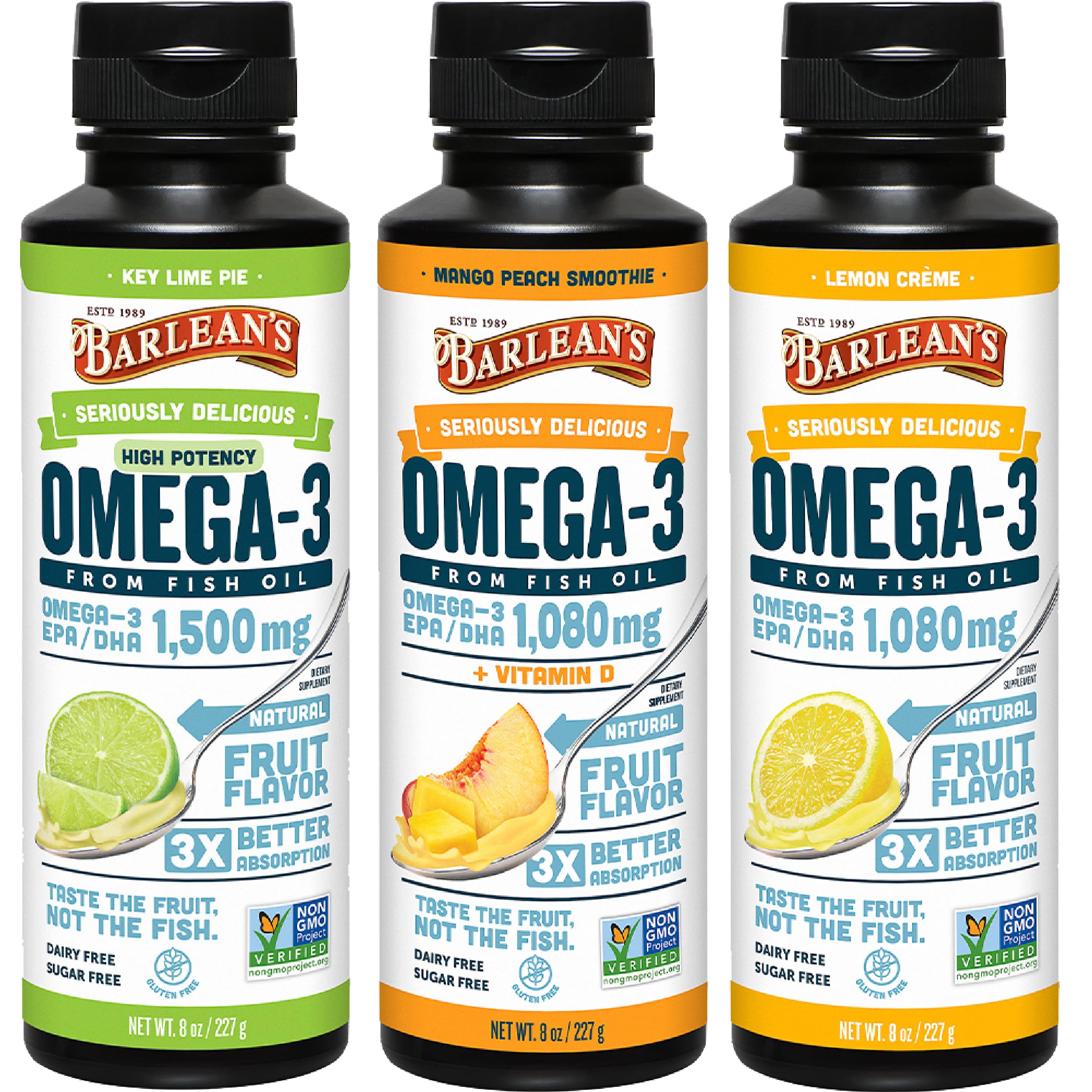 Barlean's Omega 3 Fish Oil Liquid Supplement Pack of 3, EPA and DHA Fatty Acid, Smoothie Flavored for Brain, Joint, and Heart Health, Includes Key Lime Pie, Lemon Crème and Mango Peach Flavors, 8 oz