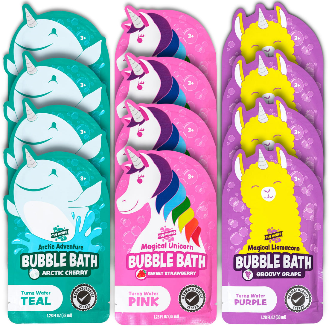 Tub Works® Magical Kids Bubble Bath, Variety 12 Pack | Creates Colorful Bath Water & Tons of Foam Bath Bubbles | Nontoxic | Character-Themed Bubble Bath for Kids Bath | Pink, Purple & Teal Bath Colors