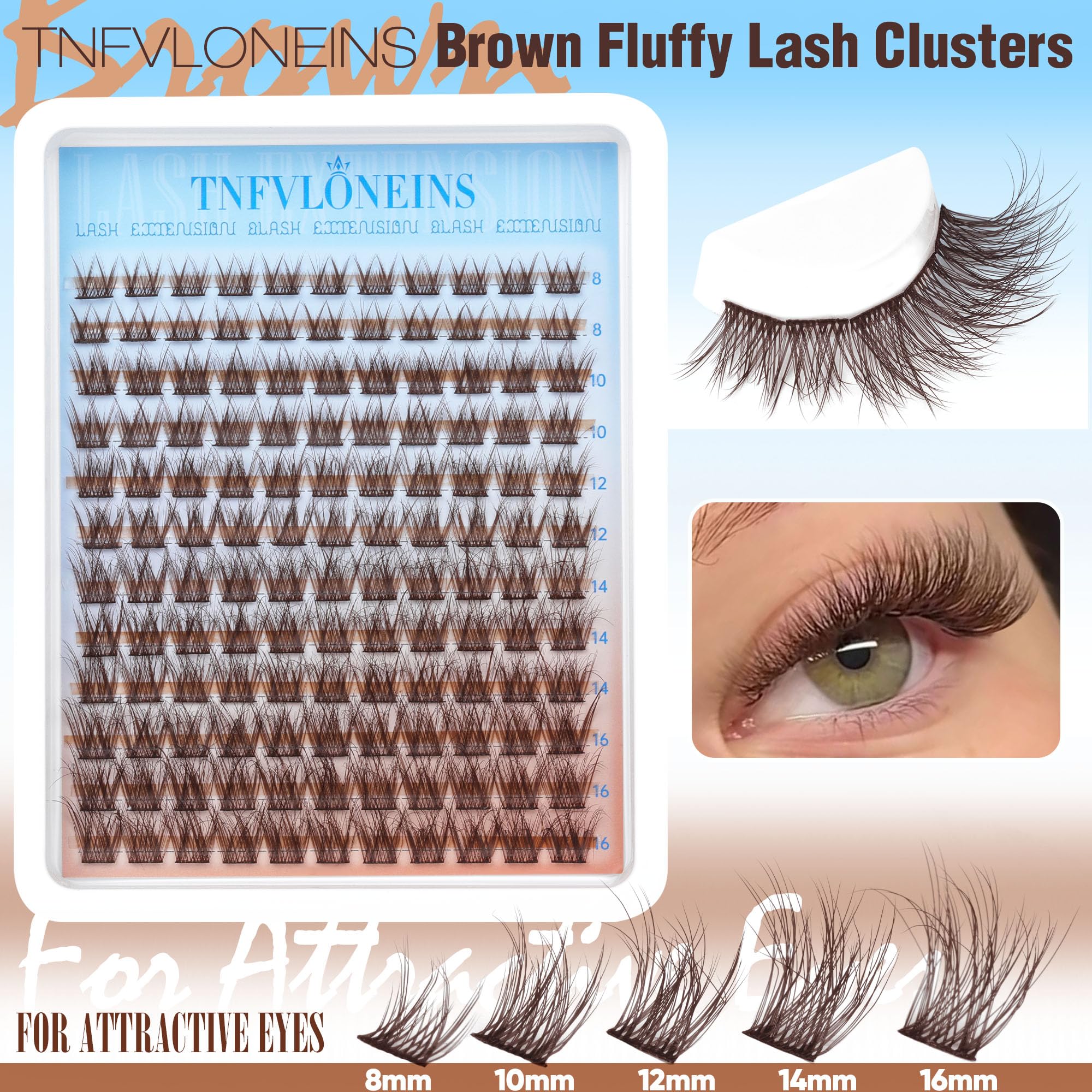 Brown Lash Clusters Kit Natural Eyelash Clusters Fluffy Lash Extension Kit Wispy Eyelash Extension Kit Matte Brown Cluster Eyelash Extensions 8-16mm Individual Lashes Clusters by TNFVLONEINS