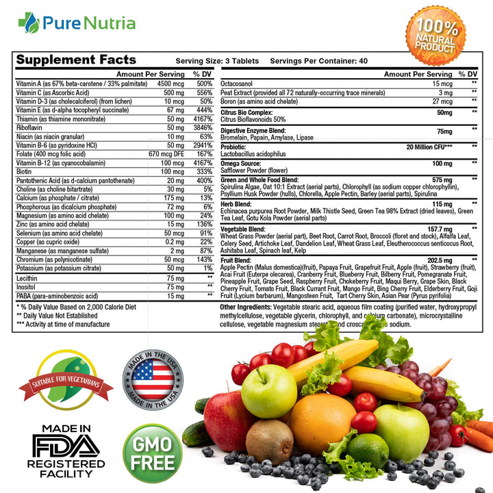 Whole Food MultiVitamin and Minerals with Probiotic Enzymes - 120 Multivitamins for Women and Men - Packed with WholeFood and Herbal Ingredients - Powerful Antioxidants for Digestive Support