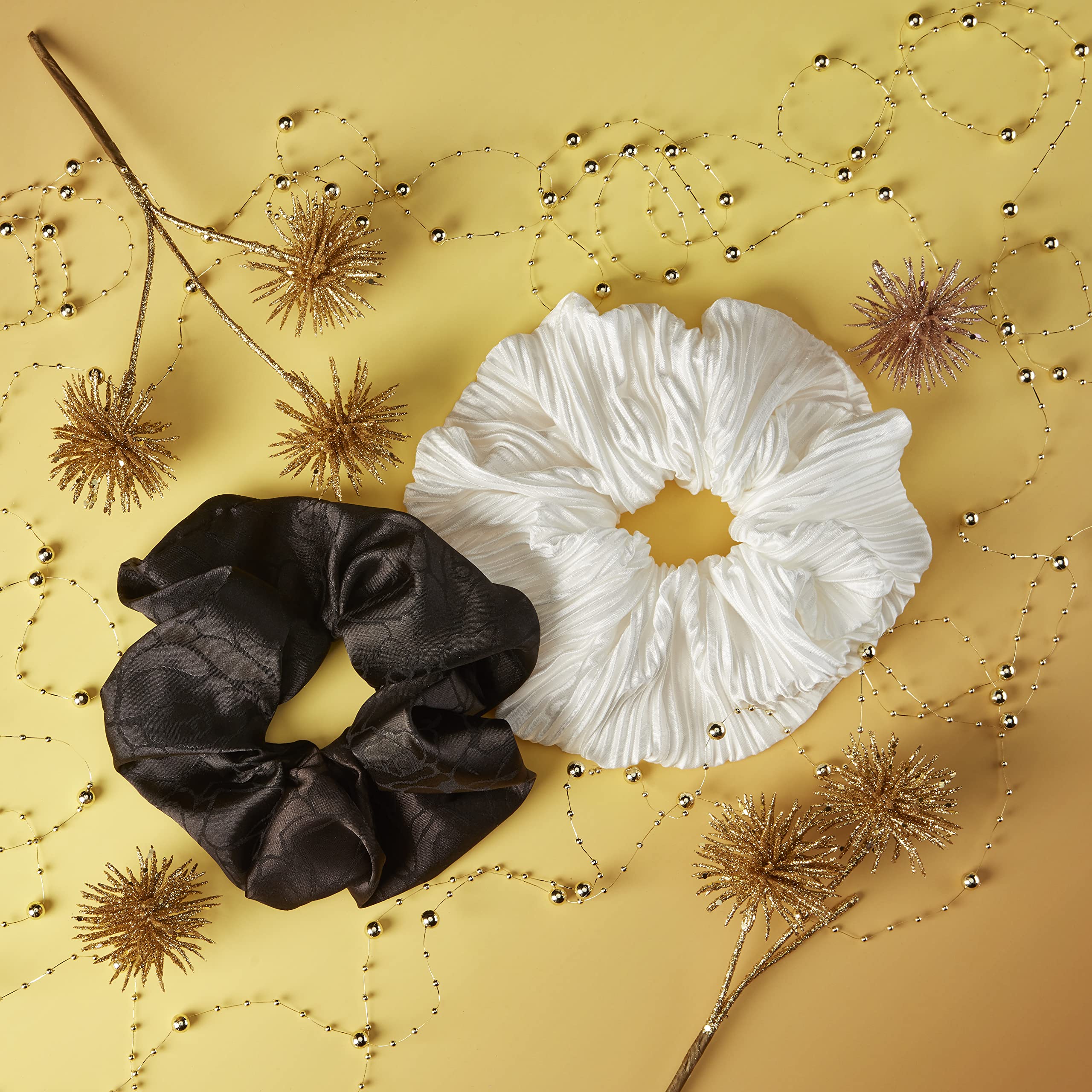 The Original Scrunchie® Jumbo XL Fashion Oversized Fabulous Fabric Gift Box Includes 2 Unique Designs: White Pleated Satin & Luxury Black Jacquard in Acrylic Presentation Box